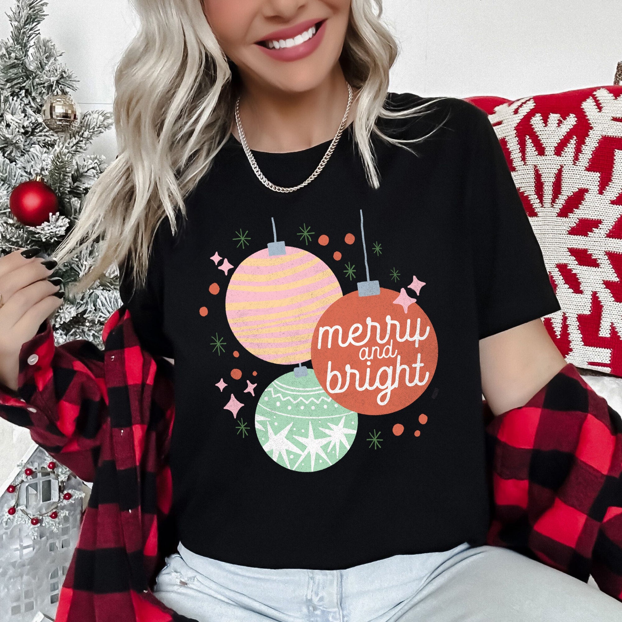 Merry And Bright Pastel Christmas Ornaments Festive Winter Season Holiday Decor Graphic Tee