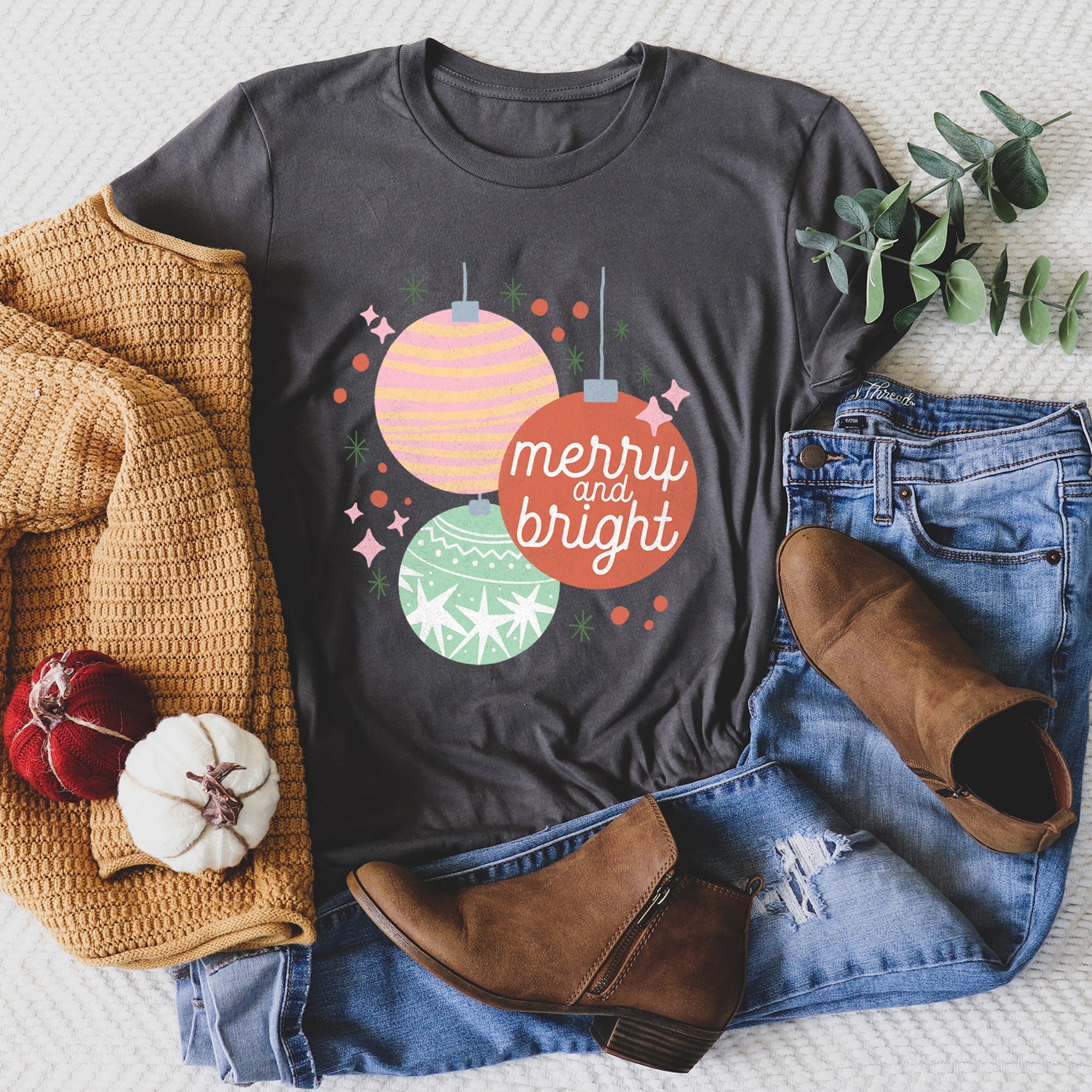 Merry And Bright Pastel Christmas Ornaments Festive Winter Season Holiday Decor Graphic Tee