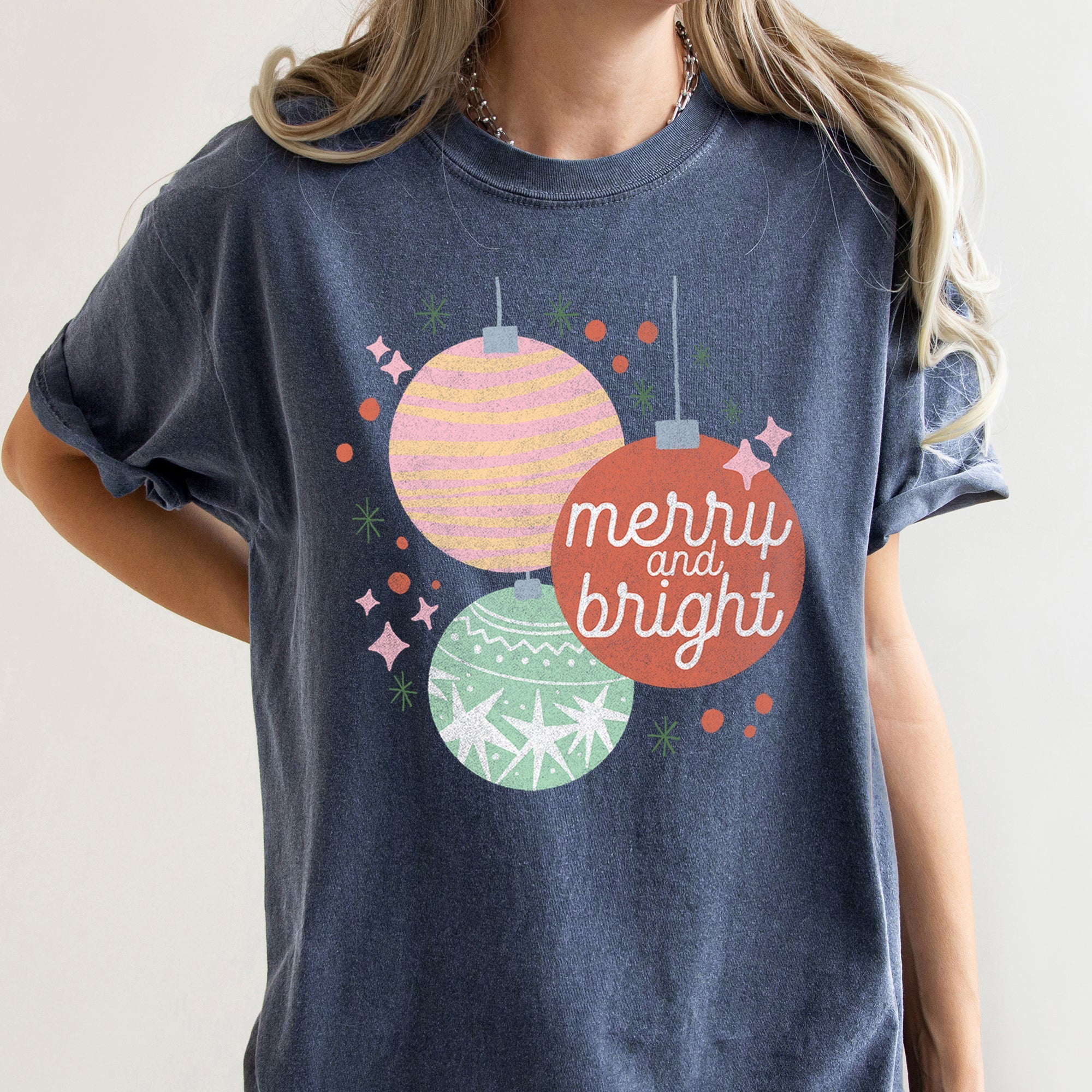 Merry And Bright Pastel Christmas Ornaments Holiday Ornament Pattern Comfort Colors Tee