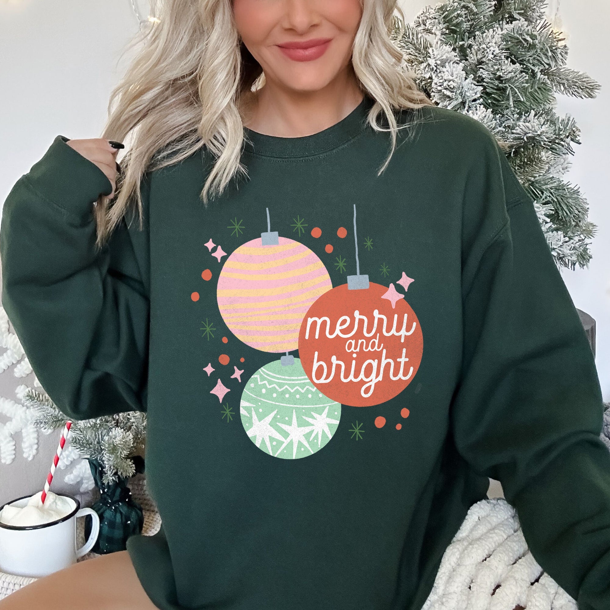 Merry And Bright Pastel Christmas Cozy Holiday Graphic Vintage Style Edition Sweatshirt