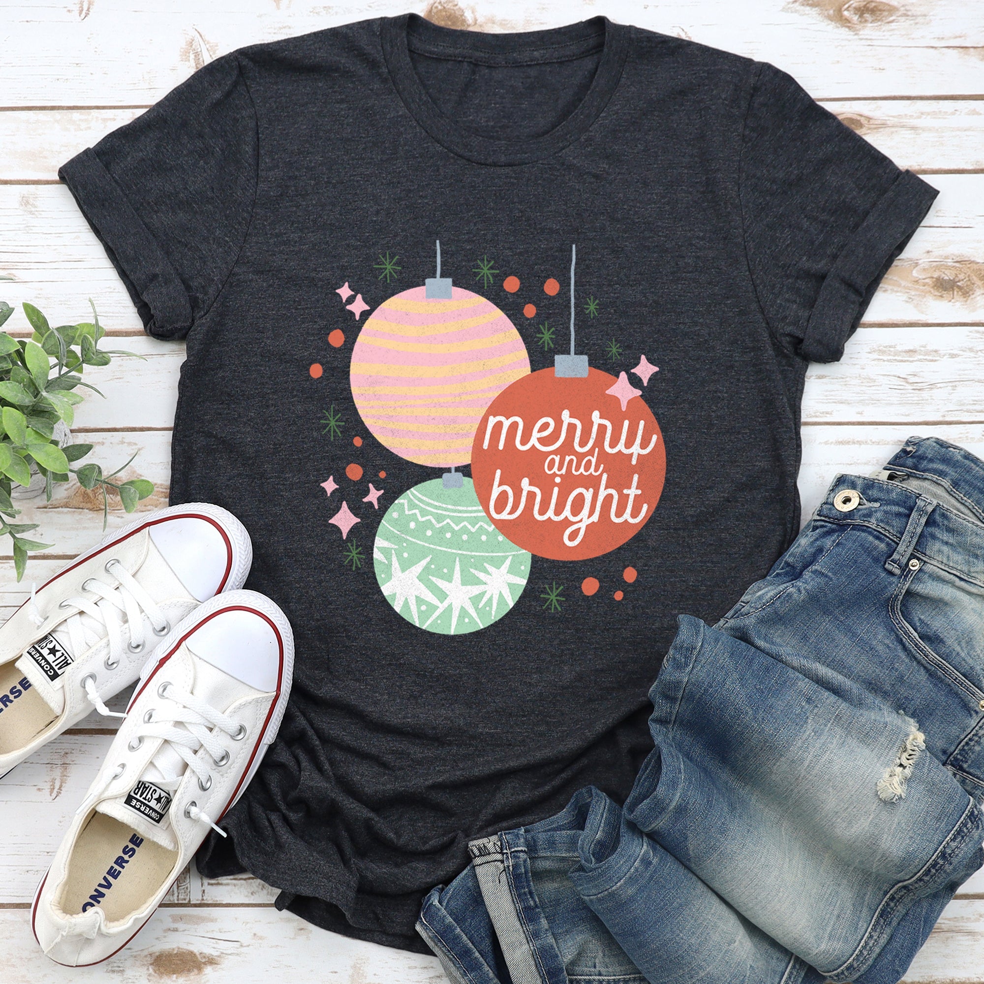 Merry And Bright Pastel Christmas Ornaments Festive Winter Season Holiday Decor Graphic Tee