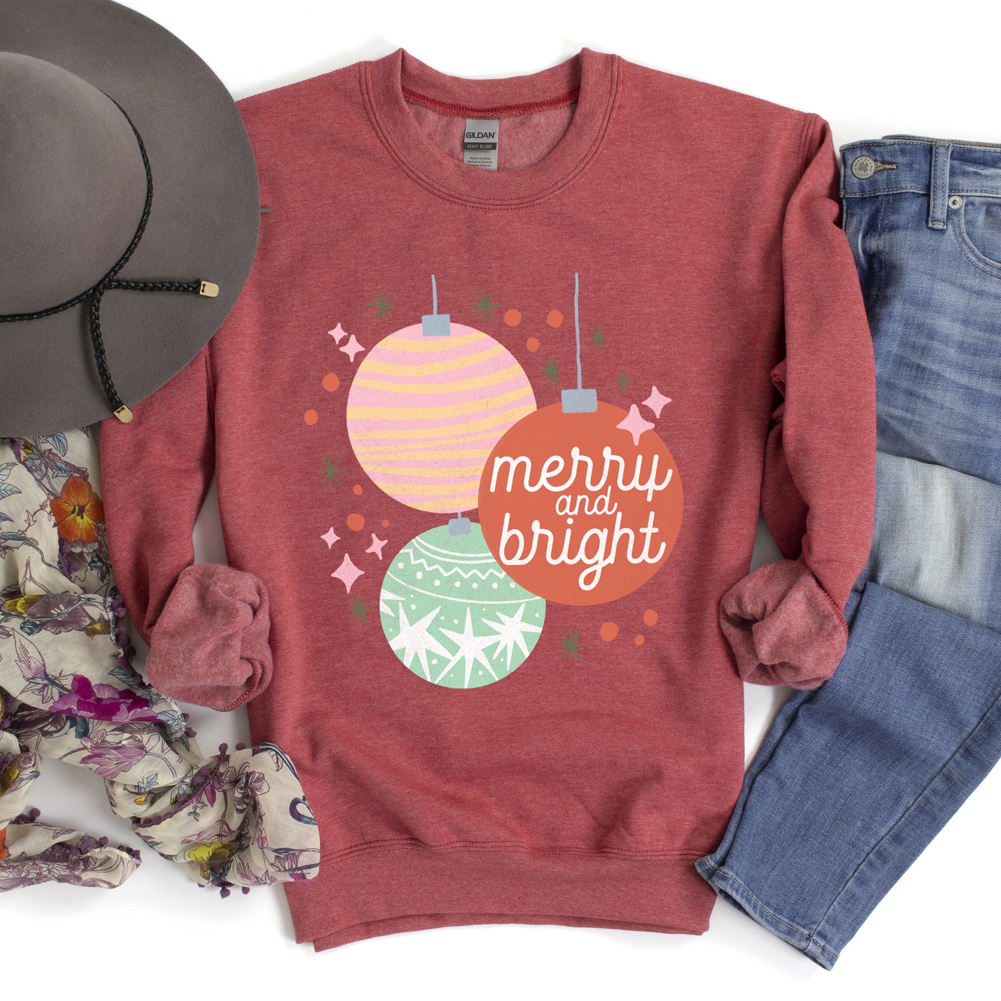 Merry And Bright Pastel Christmas Cozy Holiday Graphic Vintage Style Edition Sweatshirt