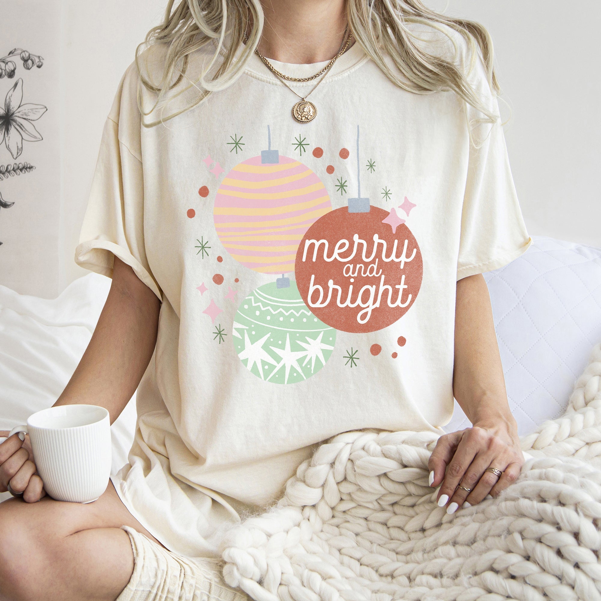 Merry And Bright Pastel Christmas Ornaments Holiday Ornament Pattern Comfort Colors Tee