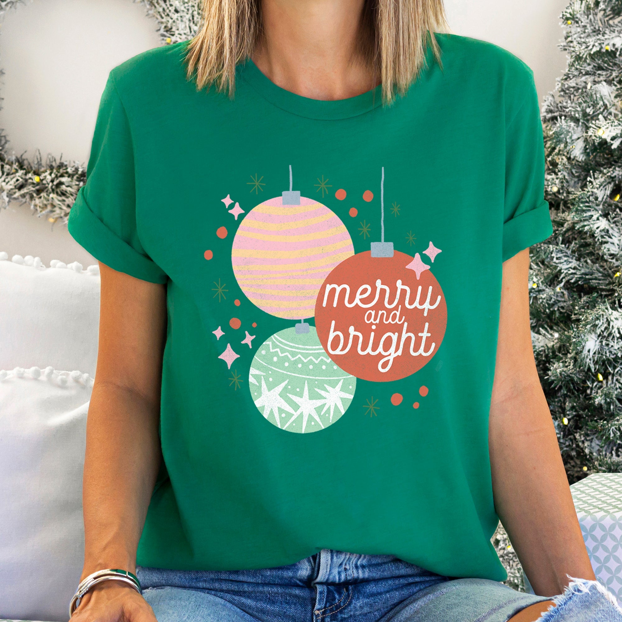 Merry And Bright Pastel Christmas Ornaments Festive Winter Season Holiday Decor Graphic Tee