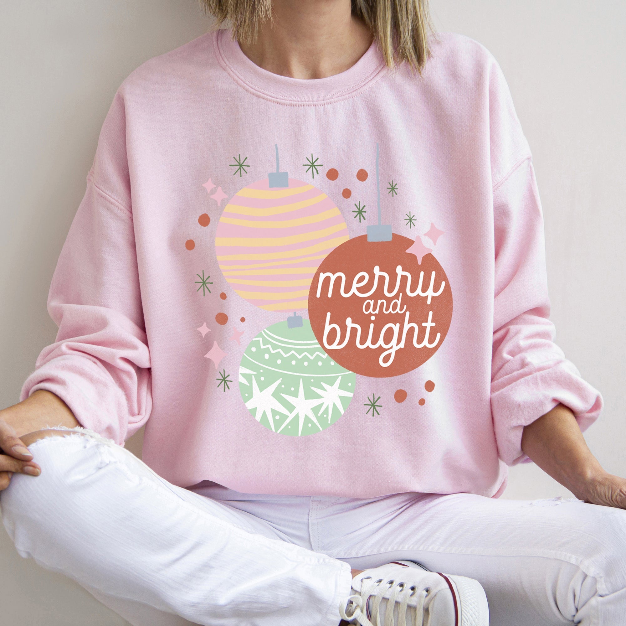 Merry And Bright Pastel Christmas Cozy Holiday Graphic Vintage Style Edition Sweatshirt