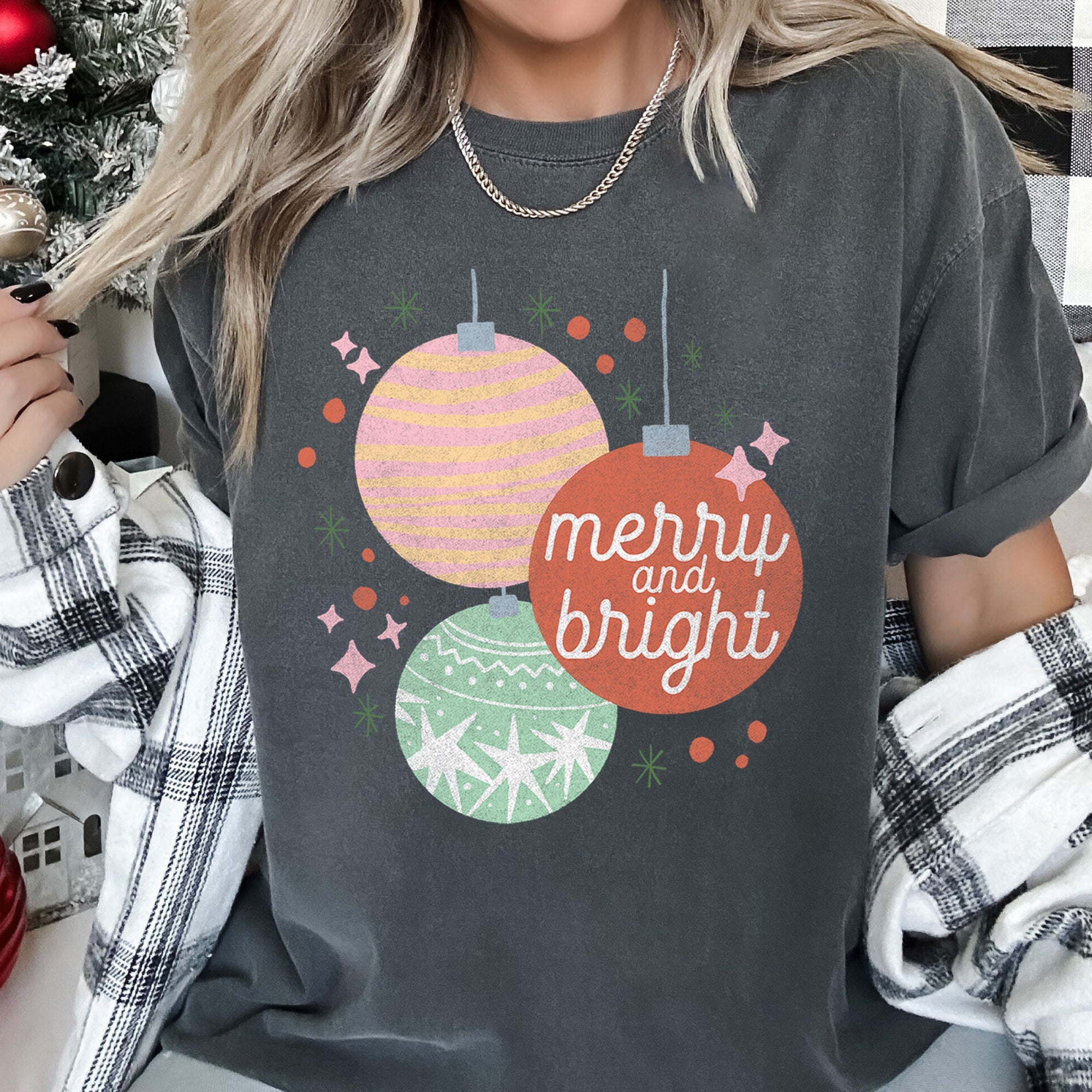 Merry And Bright Pastel Christmas Ornaments Holiday Ornament Pattern Comfort Colors Tee