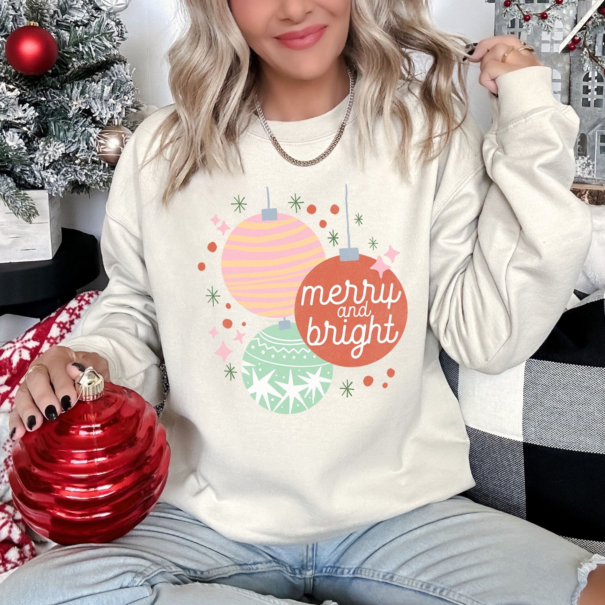 Merry And Bright Pastel Christmas Cozy Holiday Graphic Vintage Style Edition Sweatshirt
