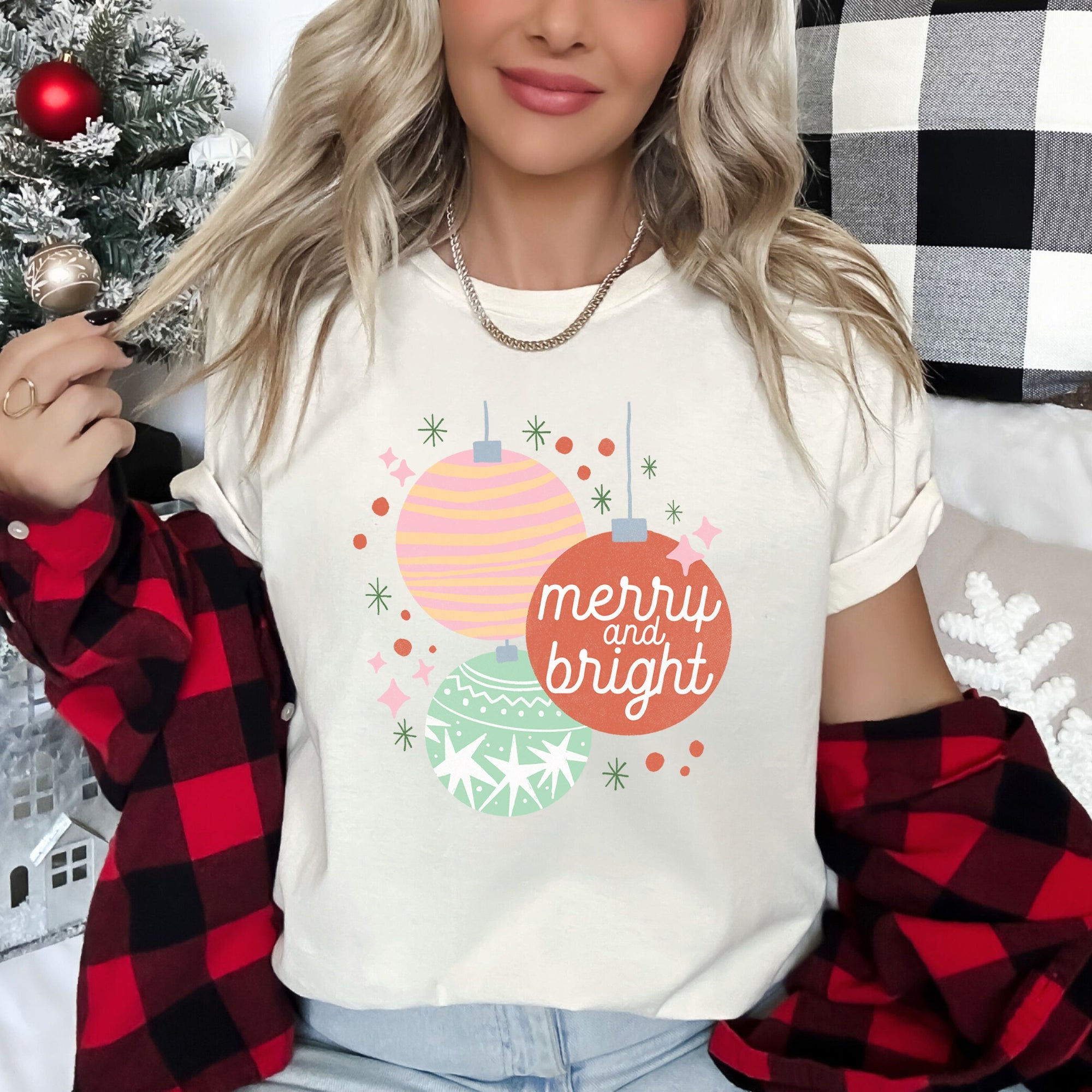 Merry And Bright Pastel Christmas Ornaments Festive Winter Season Holiday Decor Graphic Tee