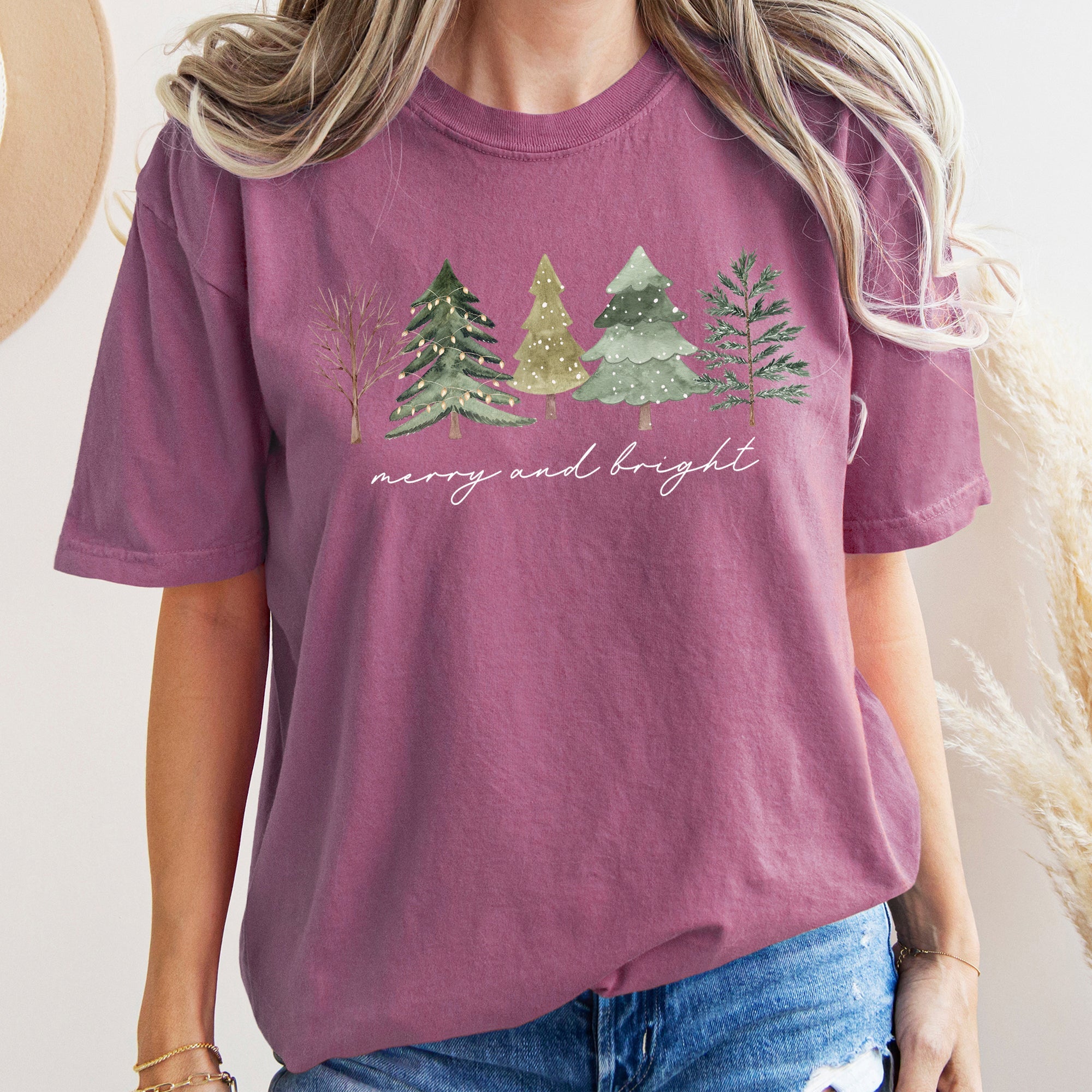 Merry And Bright Watercolor Trees Christmas Illustration Holiday Edition Comfort Colors Tee