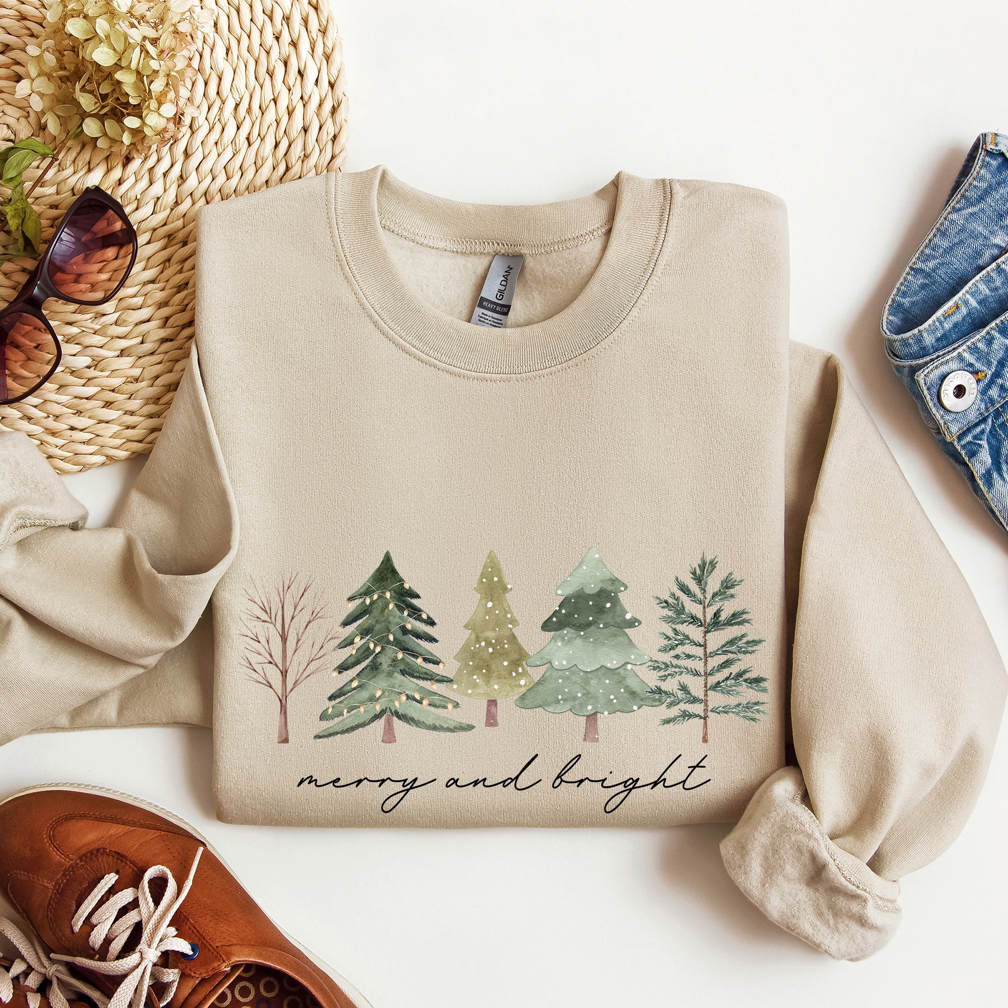 Merry And Bright Watercolor Trees Christmas Holiday Edition Cozy Winter Sweatshirt