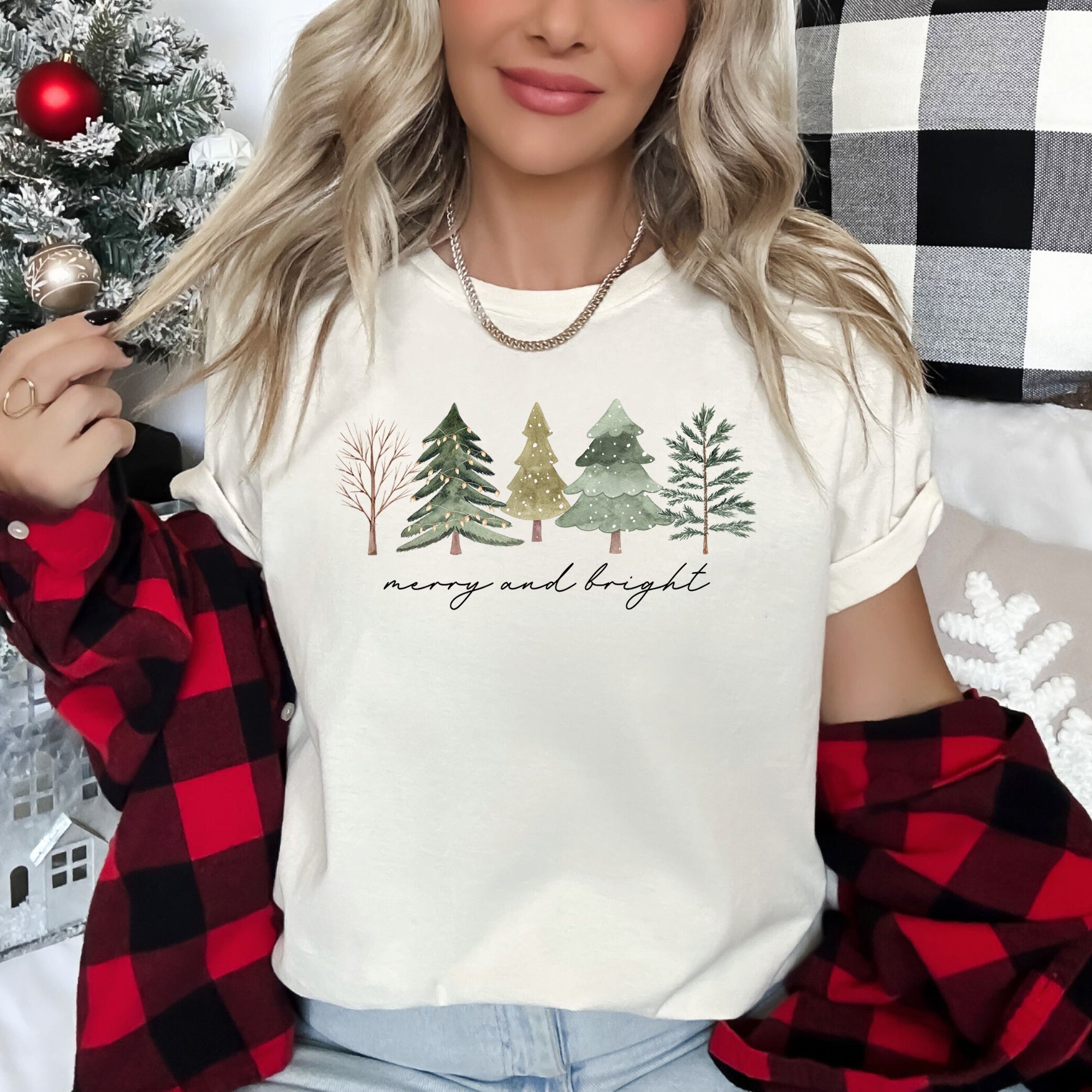 Merry And Bright Watercolor Christmas Trees Winter Holiday Scene Warm Cozy Graphic Tee