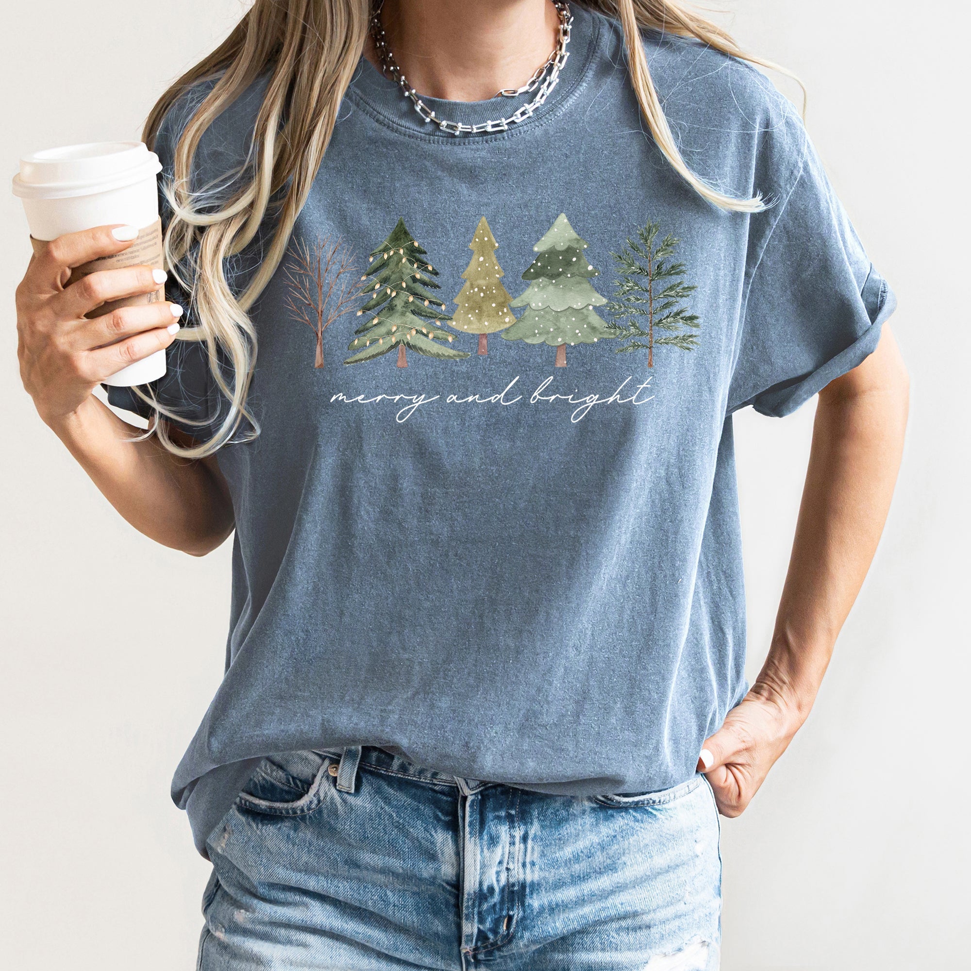 Merry And Bright Watercolor Trees Christmas Illustration Holiday Edition Comfort Colors Tee