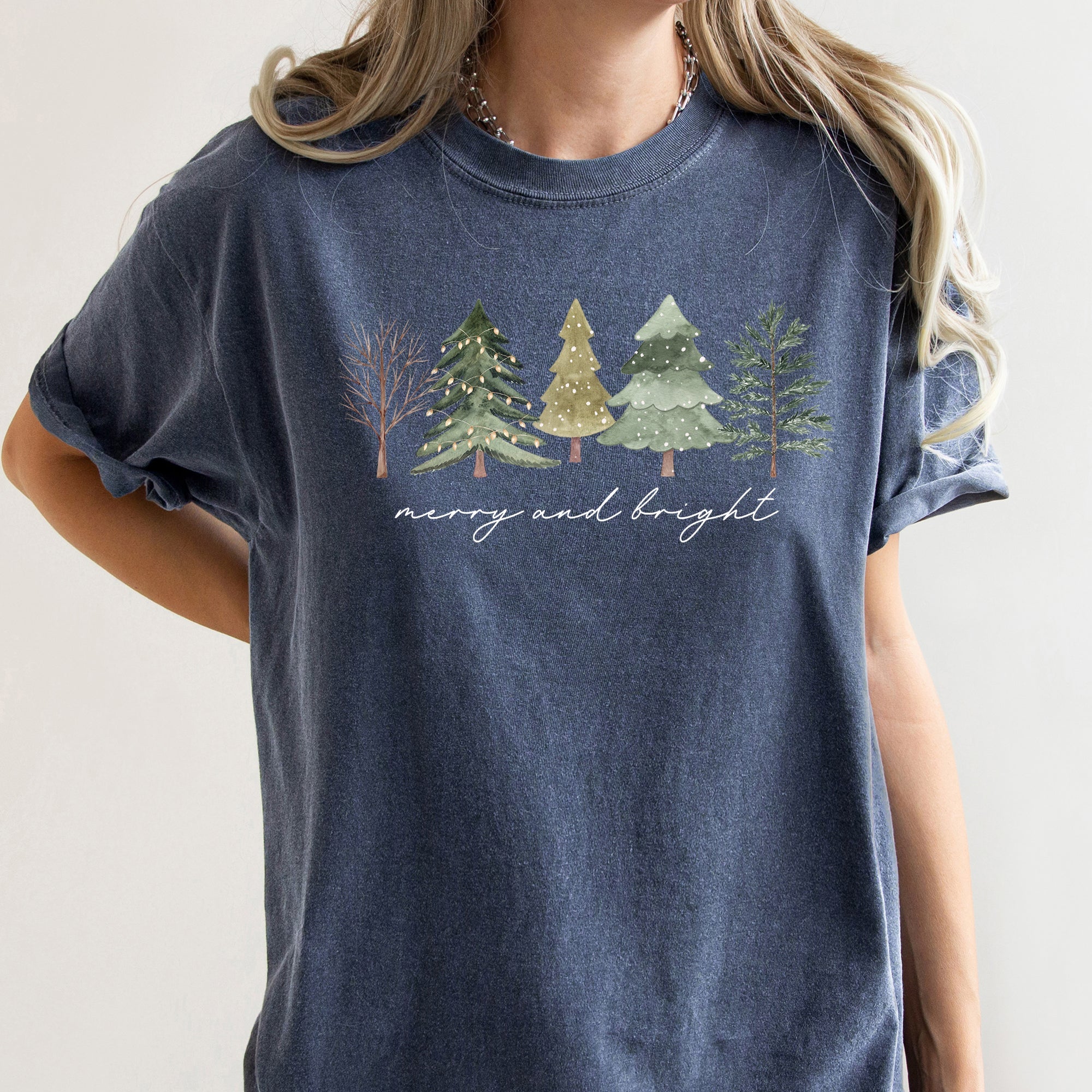 Merry And Bright Watercolor Trees Christmas Illustration Holiday Edition Comfort Colors Tee
