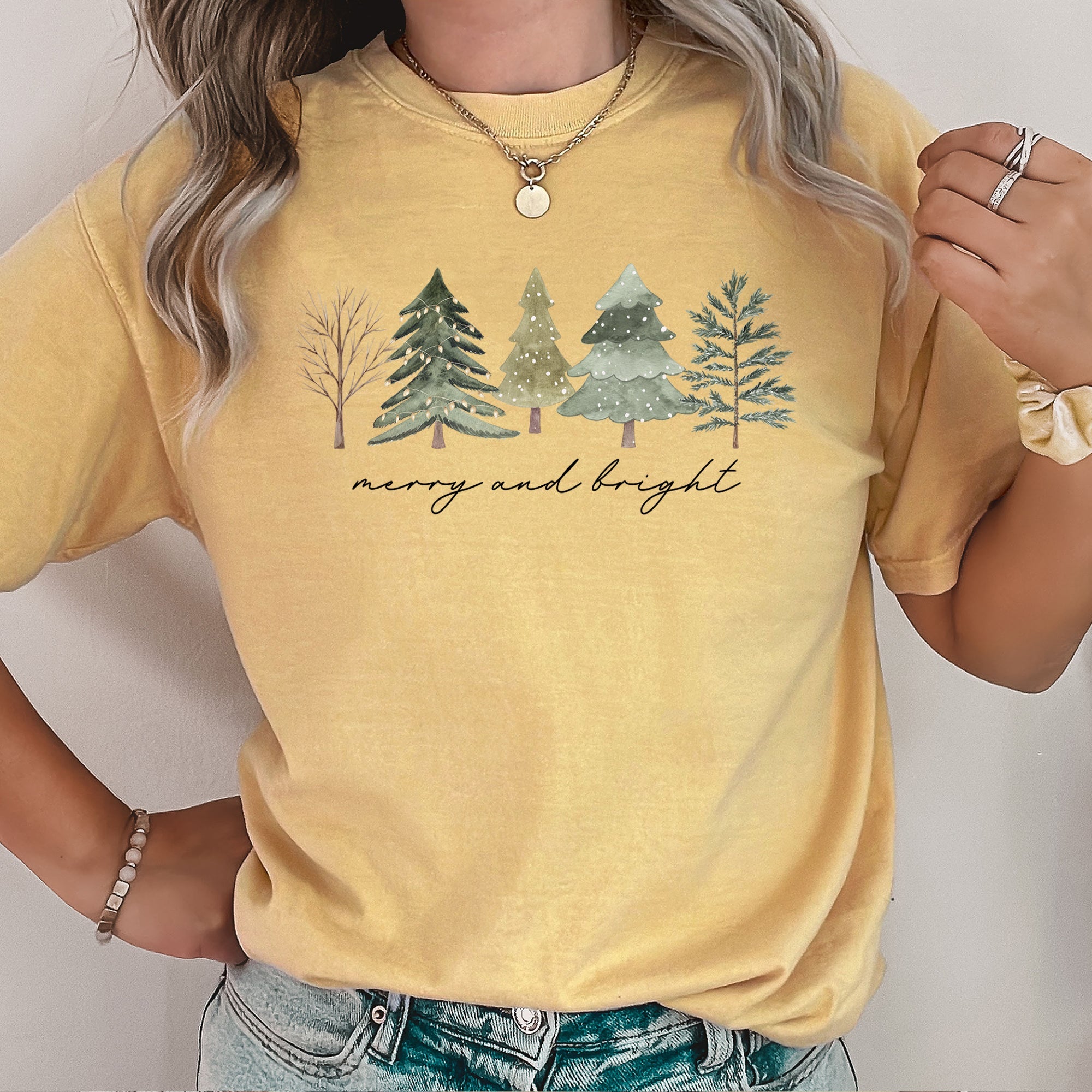 Merry And Bright Watercolor Trees Christmas Illustration Holiday Edition Comfort Colors Tee