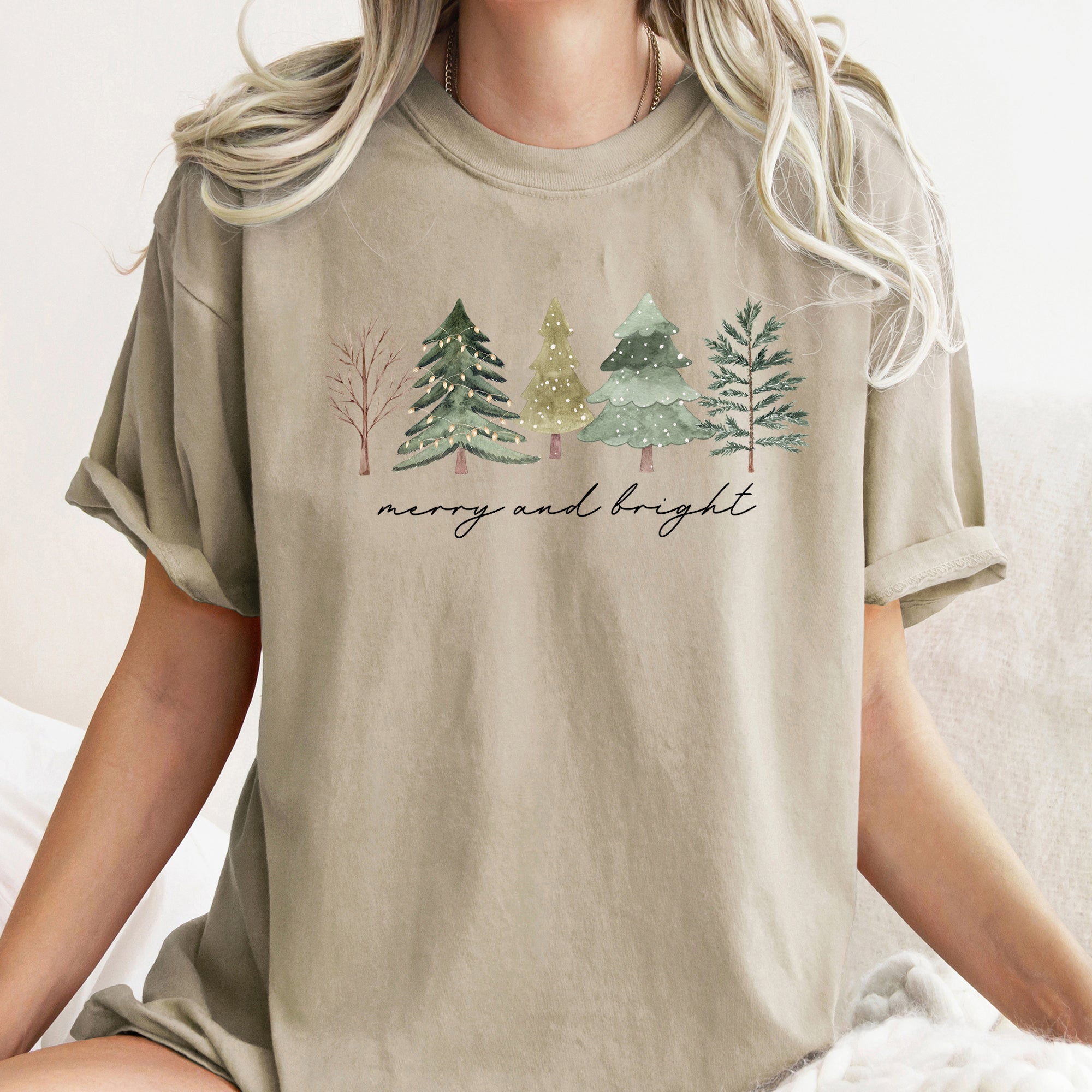 Merry And Bright Watercolor Trees Christmas Illustration Holiday Edition Comfort Colors Tee