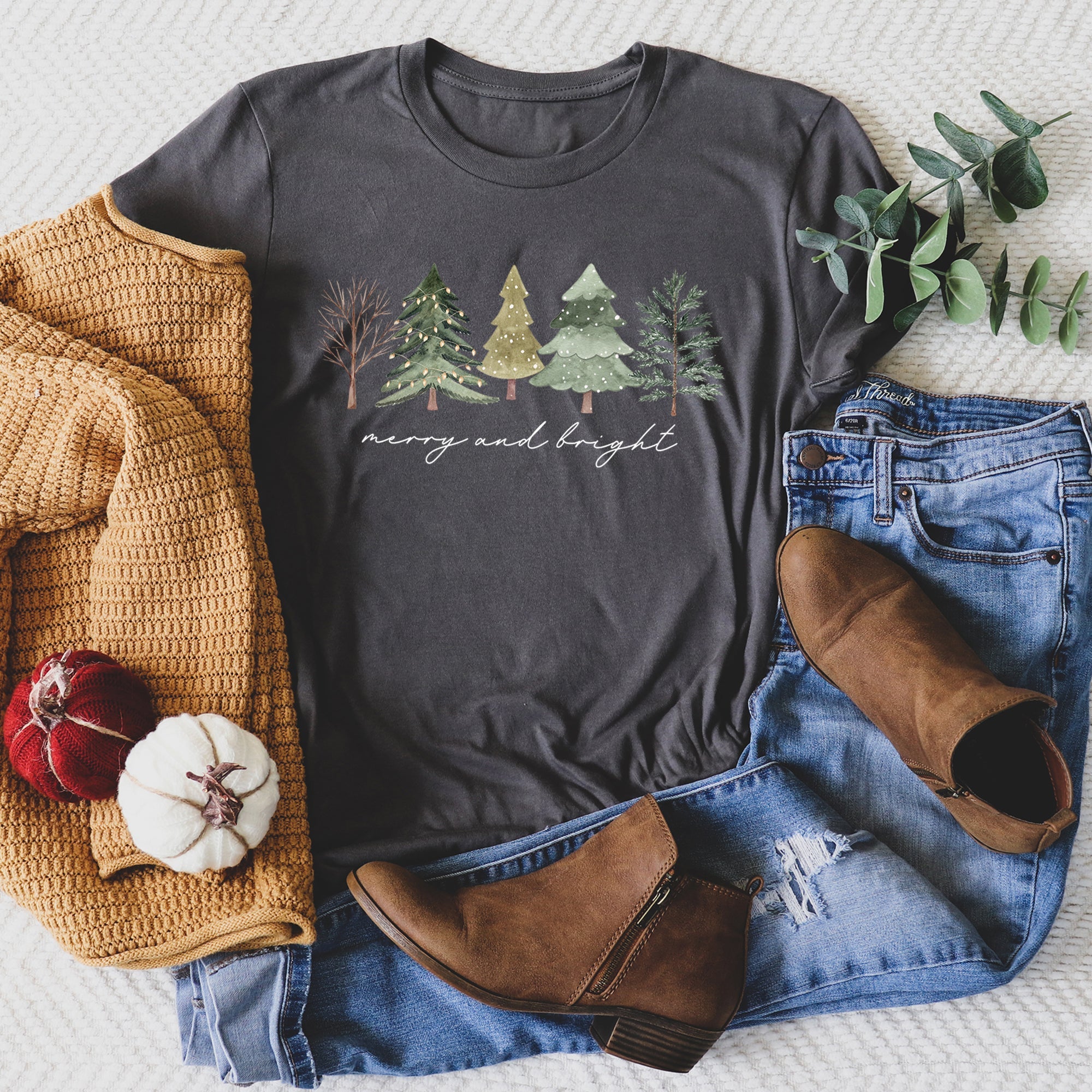 Merry And Bright Watercolor Trees Christmas Festive Scene Landscape Seasonal Graphic Tee