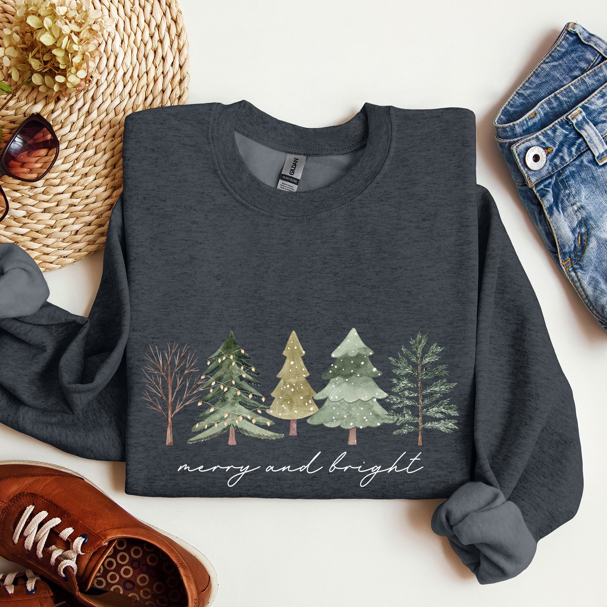 Merry And Bright Watercolor Trees Christmas Holiday Edition Cozy Winter Sweatshirt