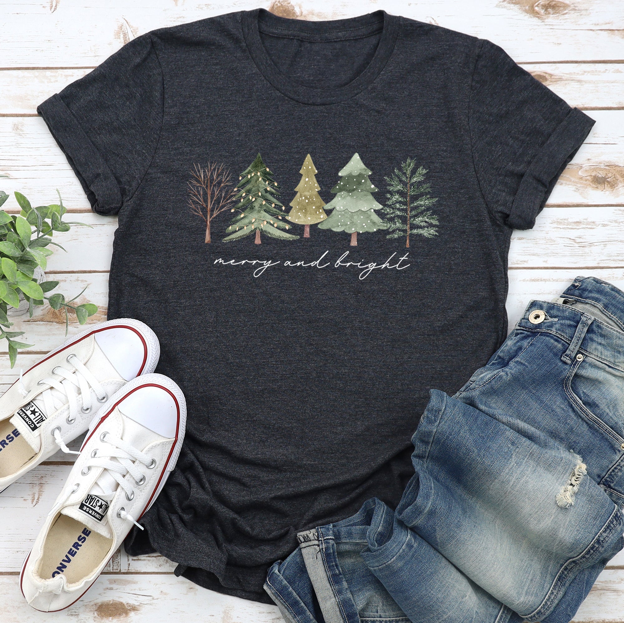 Merry And Bright Watercolor Trees Christmas Festive Scene Landscape Seasonal Graphic Tee