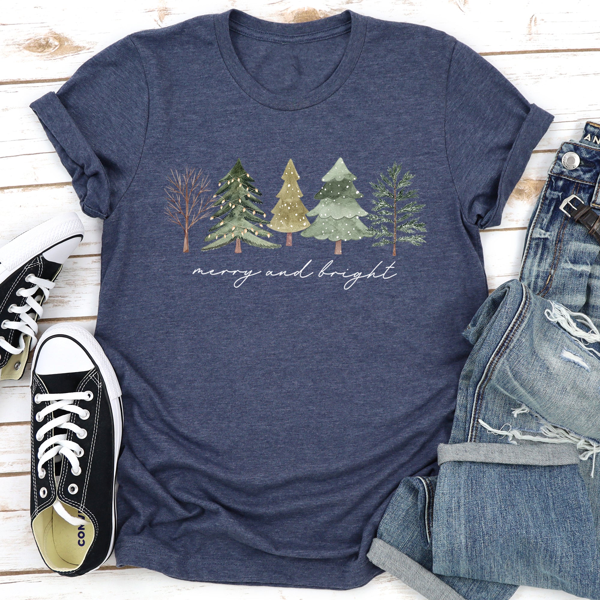 Merry And Bright Watercolor Trees Christmas Festive Scene Landscape Seasonal Graphic Tee