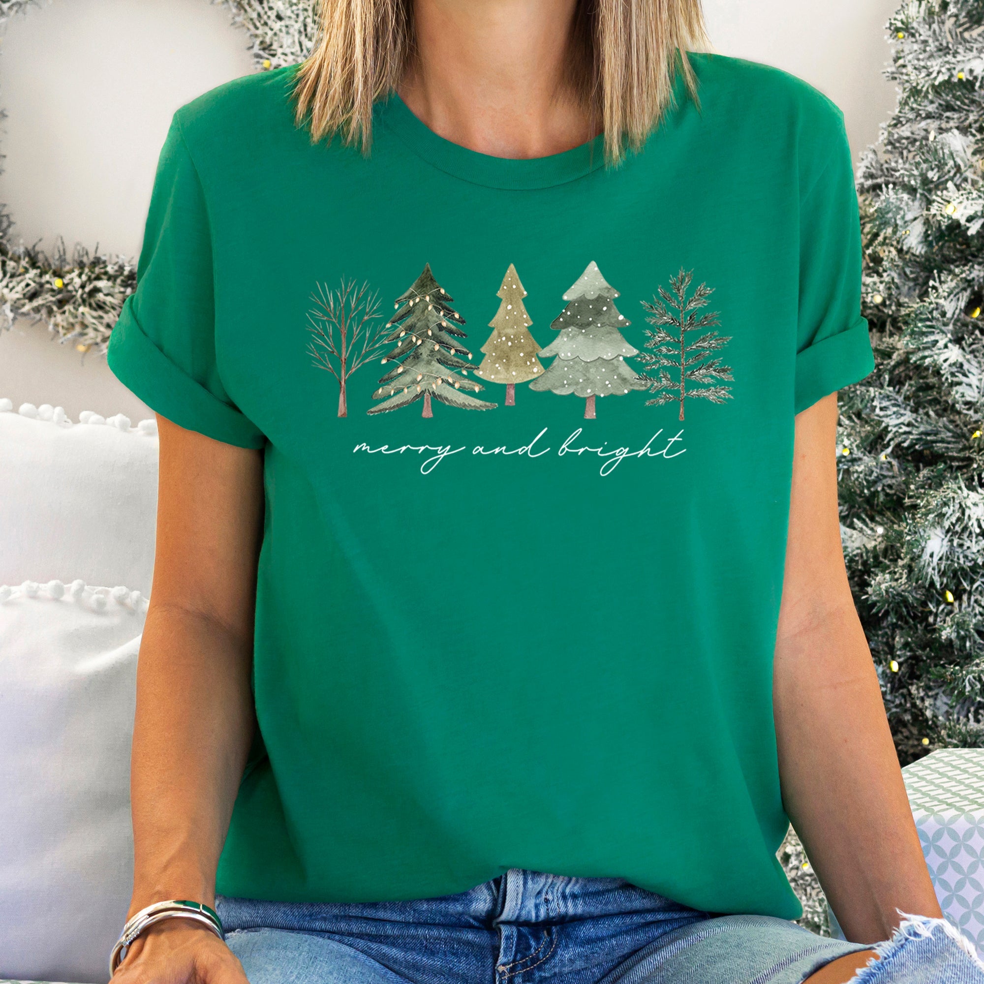 Merry And Bright Watercolor Trees Christmas Festive Scene Landscape Seasonal Graphic Tee