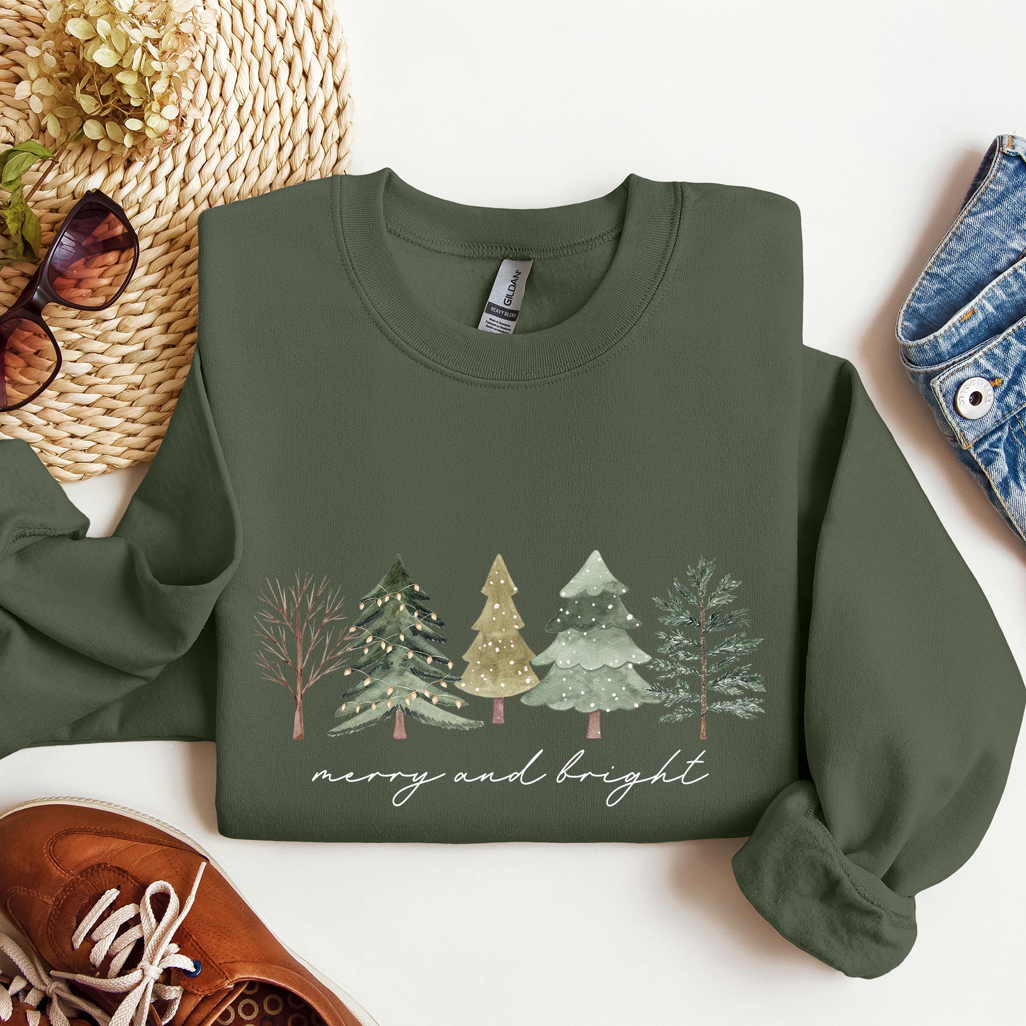 Merry And Bright Watercolor Trees Christmas Holiday Edition Cozy Winter Sweatshirt