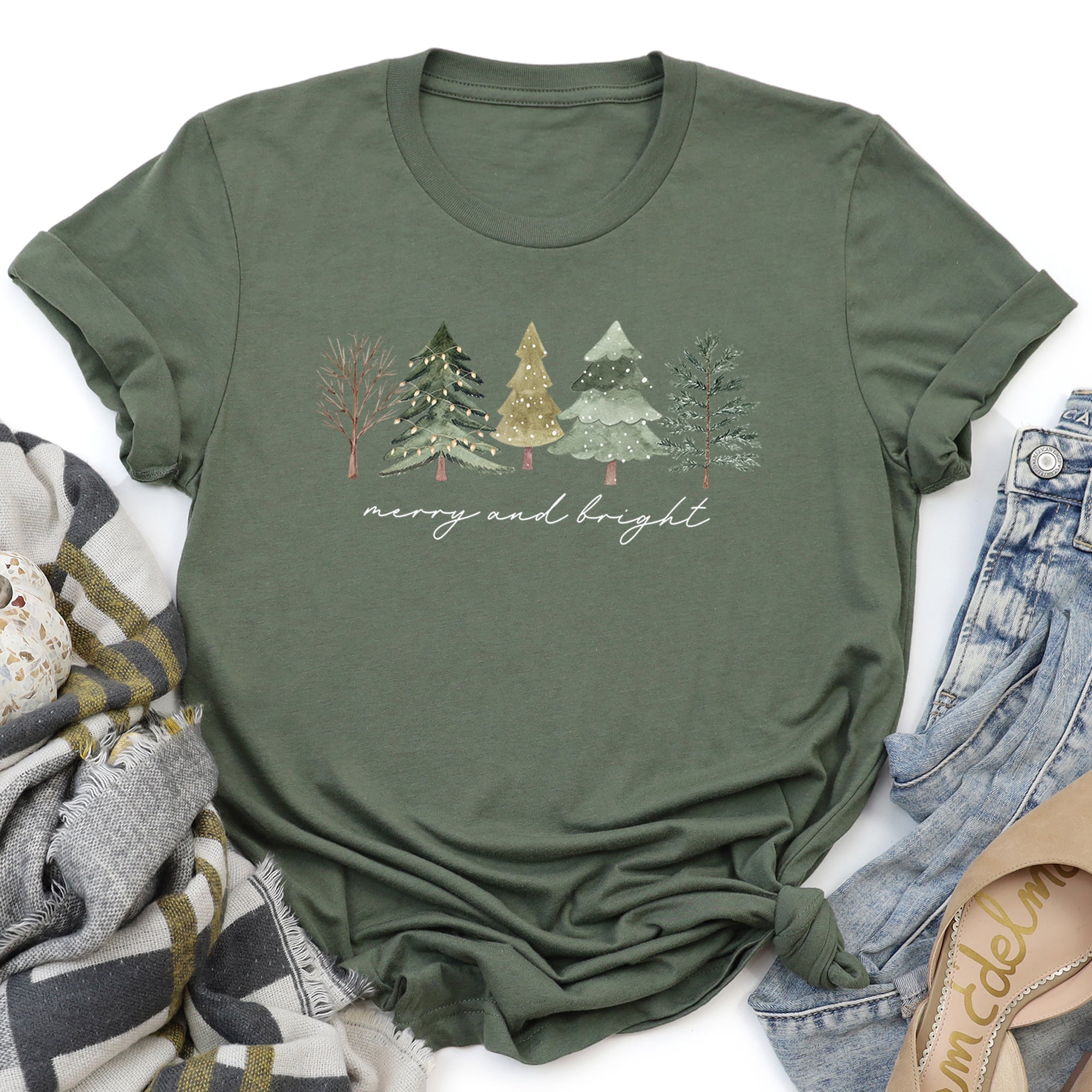 Merry And Bright Watercolor Trees Christmas Festive Scene Landscape Seasonal Graphic Tee