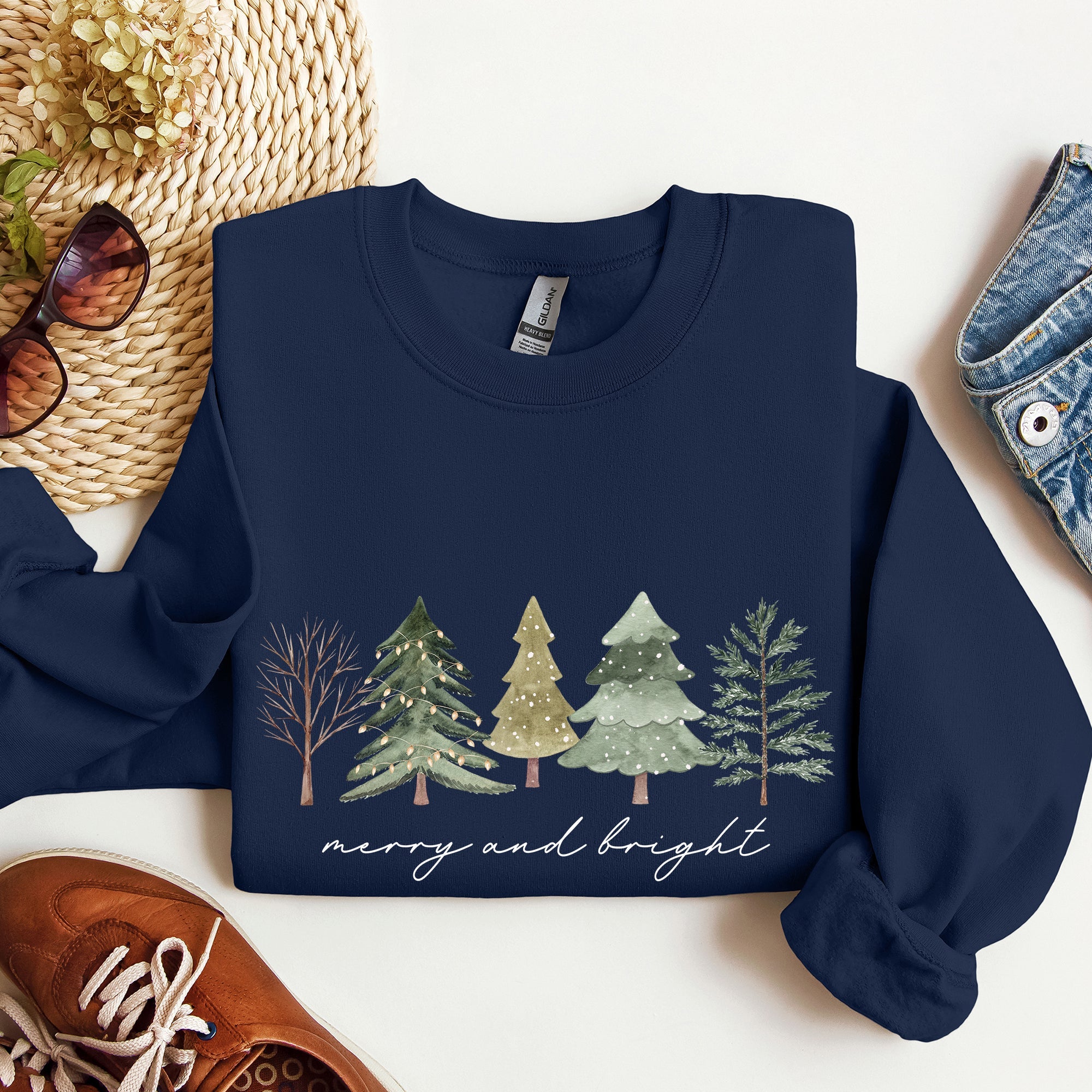Merry And Bright Watercolor Trees Christmas Holiday Edition Cozy Winter Sweatshirt