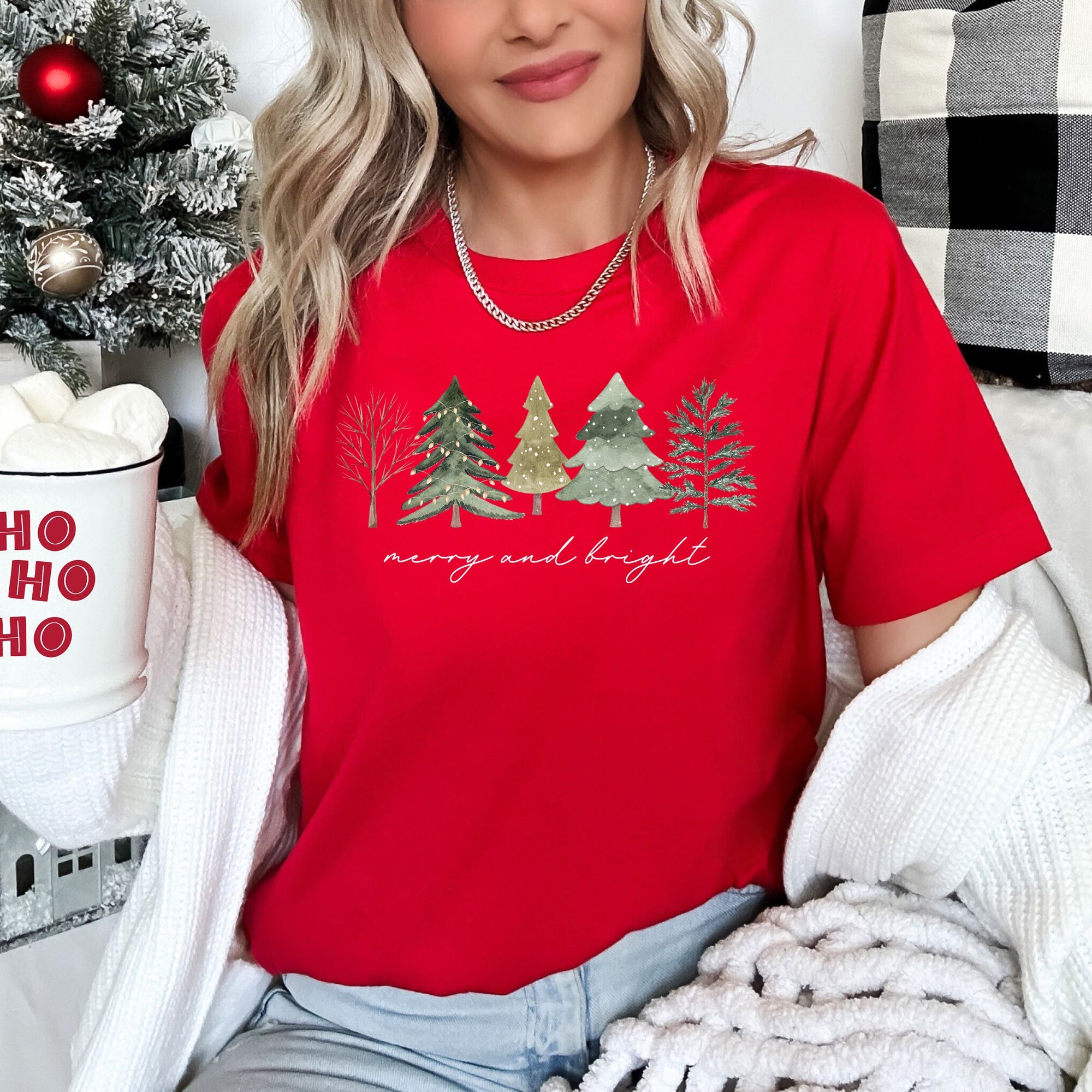 Merry And Bright Watercolor Trees Christmas Festive Scene Landscape Seasonal Graphic Tee