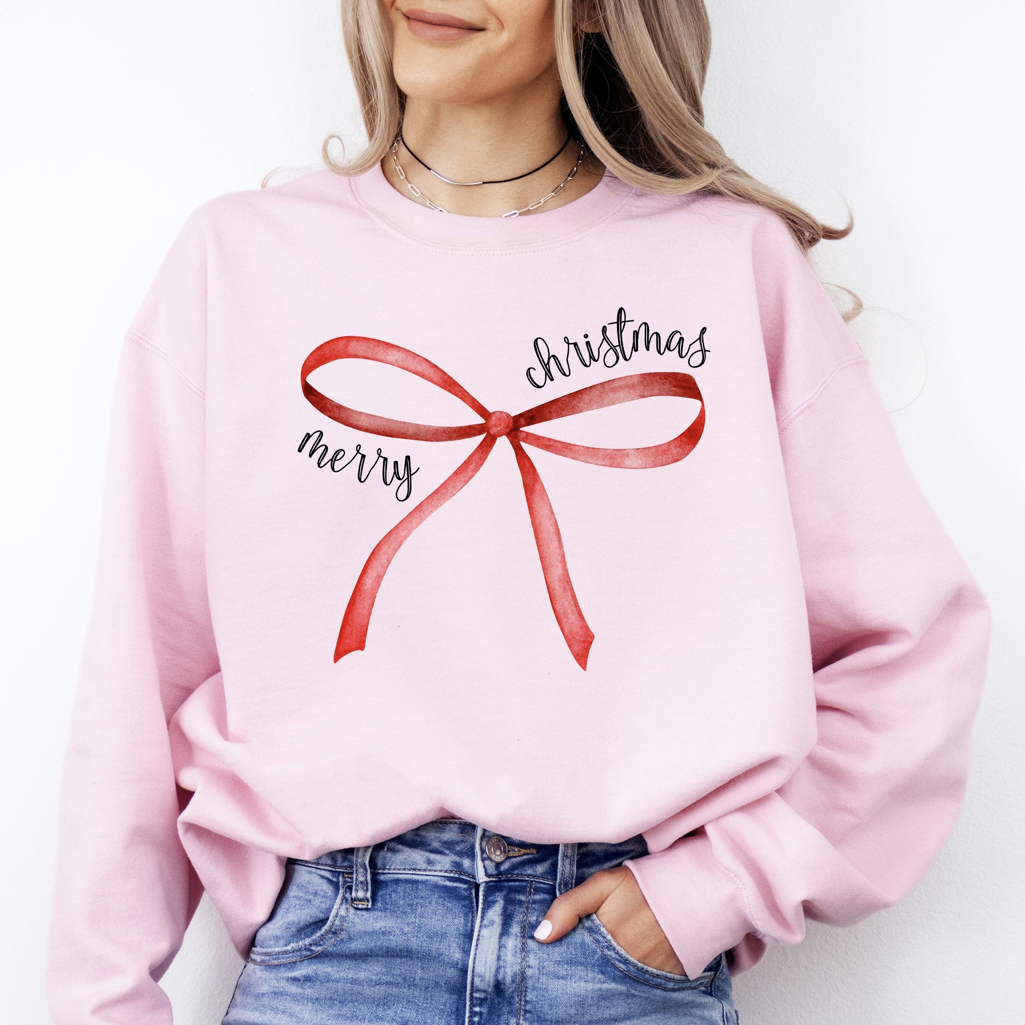 Merry Christmas Bow Coquette Cutesy Santa Classic Girly Cozy Holiday Graphic Sweatshirt
