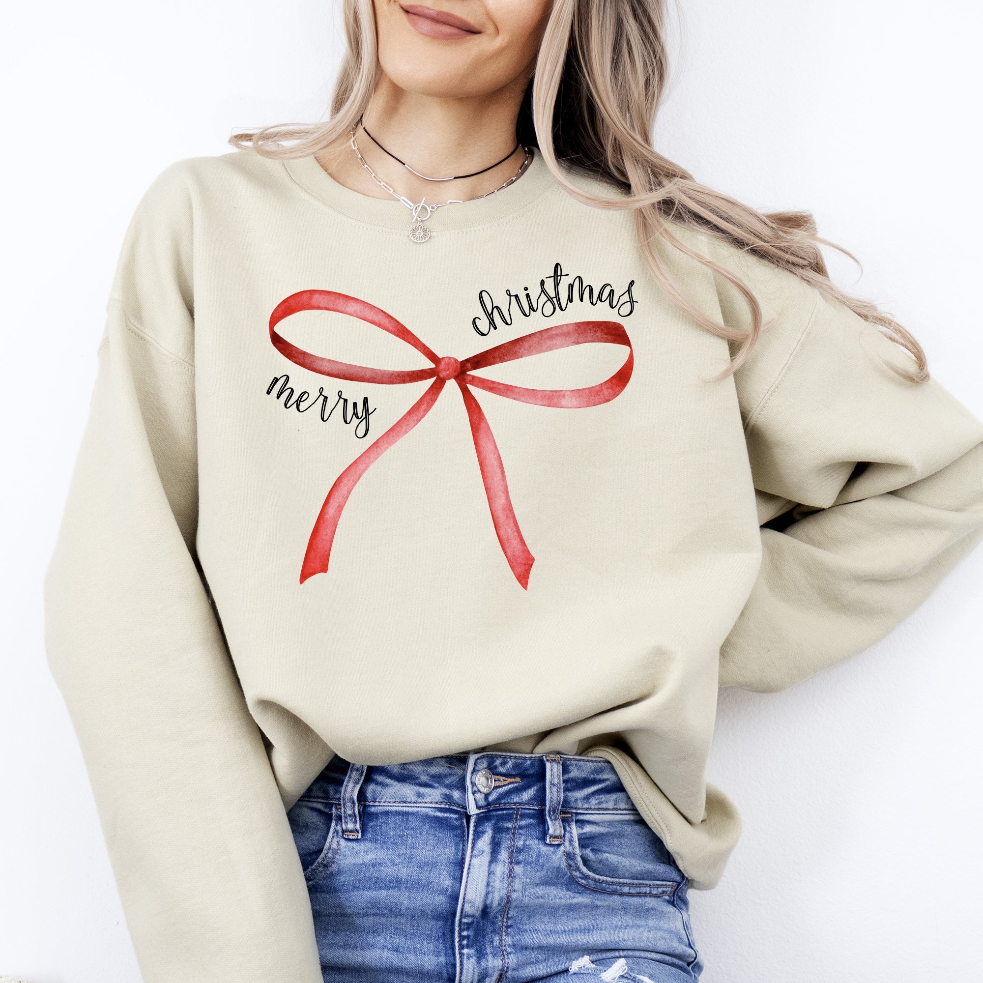 Merry Christmas Bow Coquette Cutesy Santa Classic Girly Cozy Holiday Graphic Sweatshirt