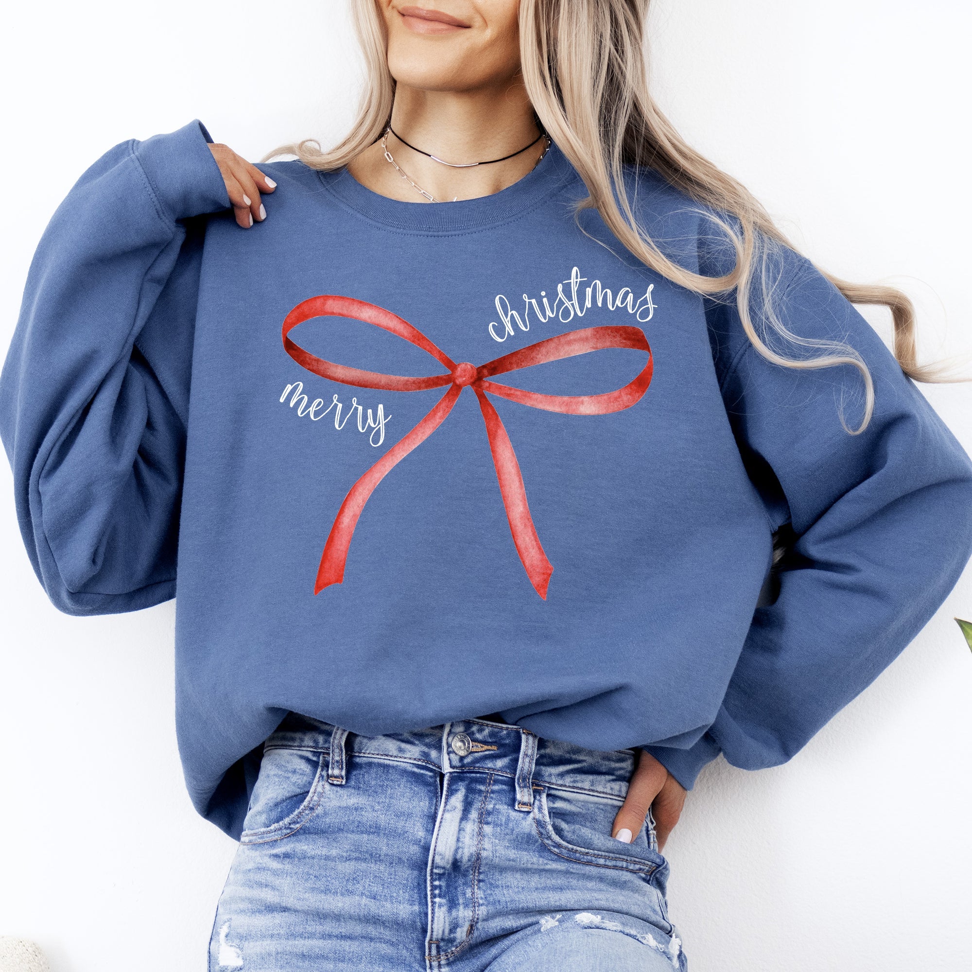 Merry Christmas Bow Coquette Cutesy Santa Classic Girly Cozy Holiday Graphic Sweatshirt