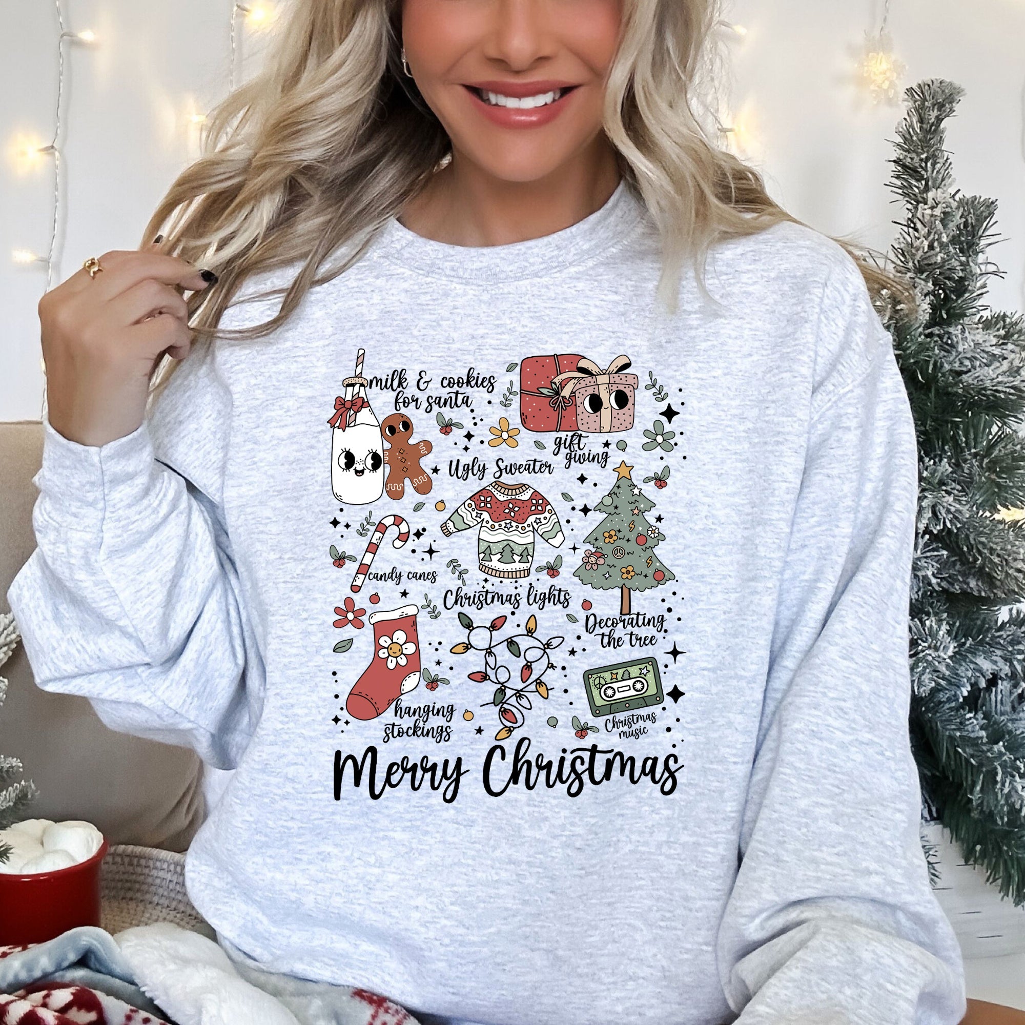 Merry Christmas Doodles Santa Stockings Tree Ornaments Snowflakes Vintage Retro Print Sweatshirt