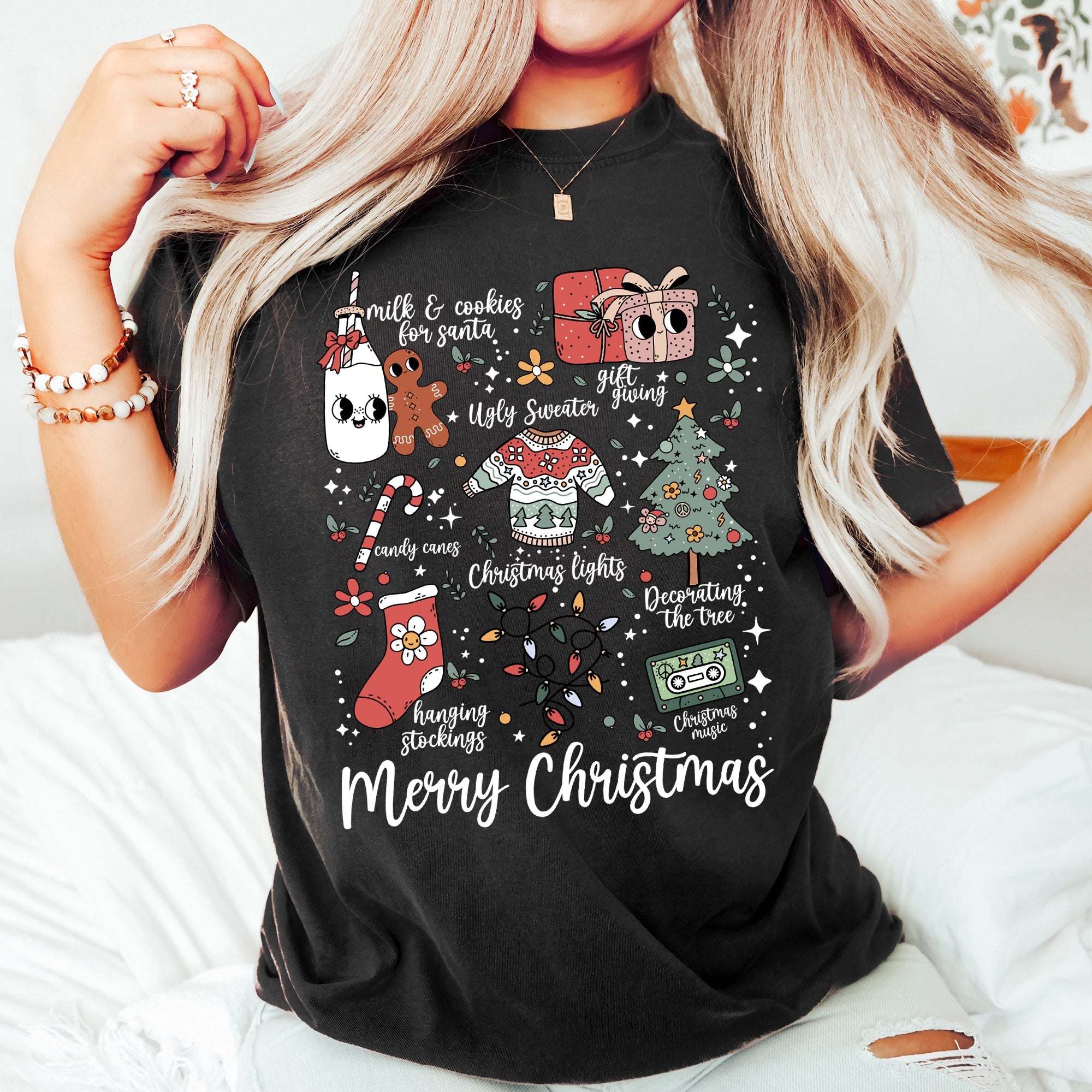 Merry Christmas Doodles Santa Stockings Tree Retro Holiday Edition Comfort Colors Tee