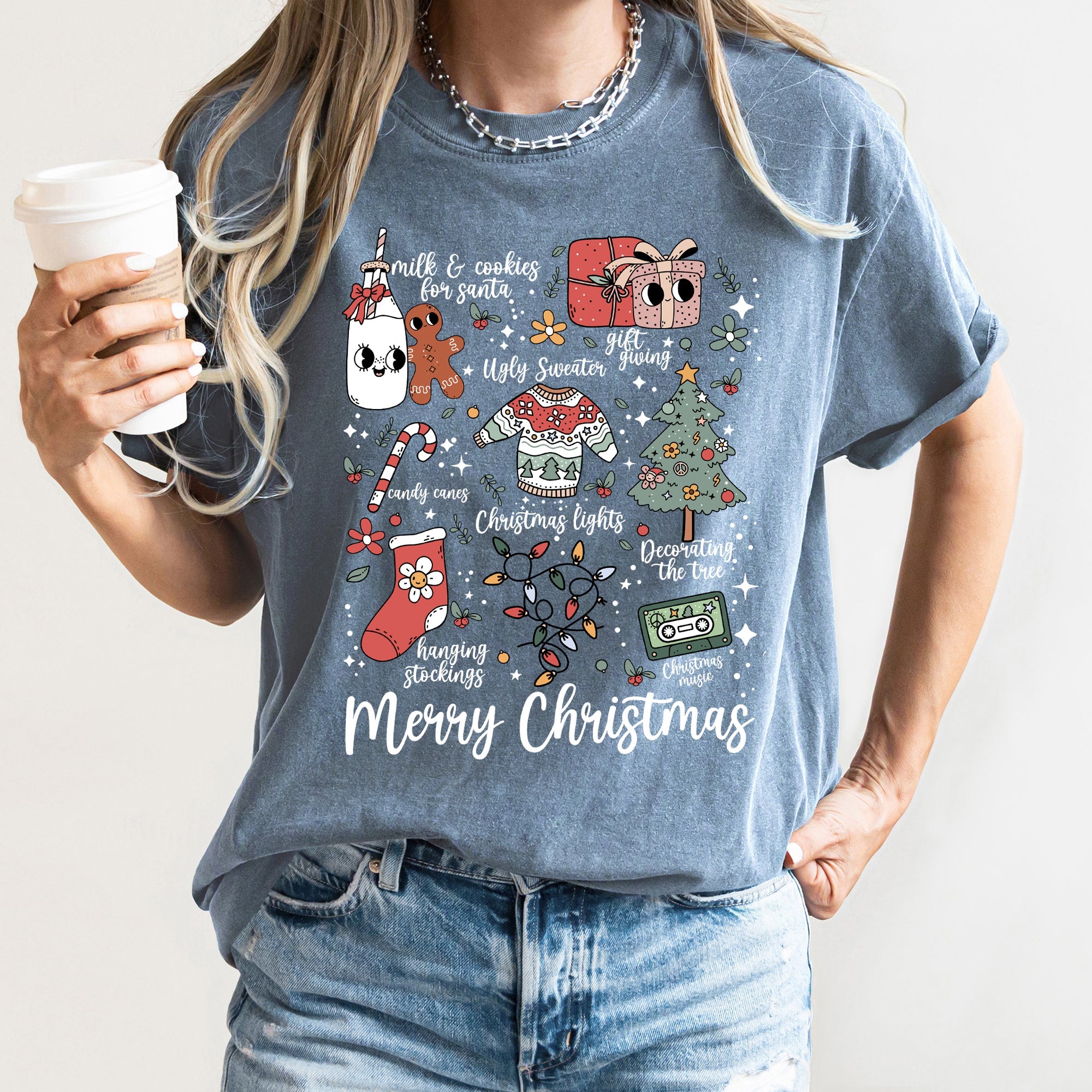 Merry Christmas Doodles Santa Stockings Tree Retro Holiday Edition Comfort Colors Tee