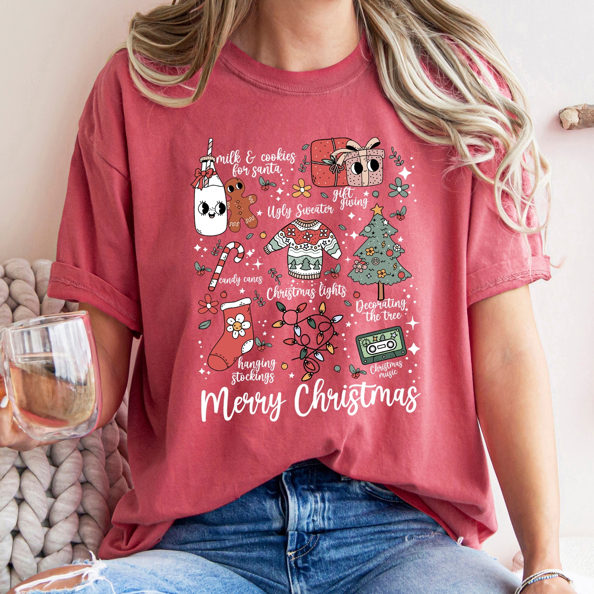 Merry Christmas Doodles Santa Stockings Tree Retro Holiday Edition Comfort Colors Tee