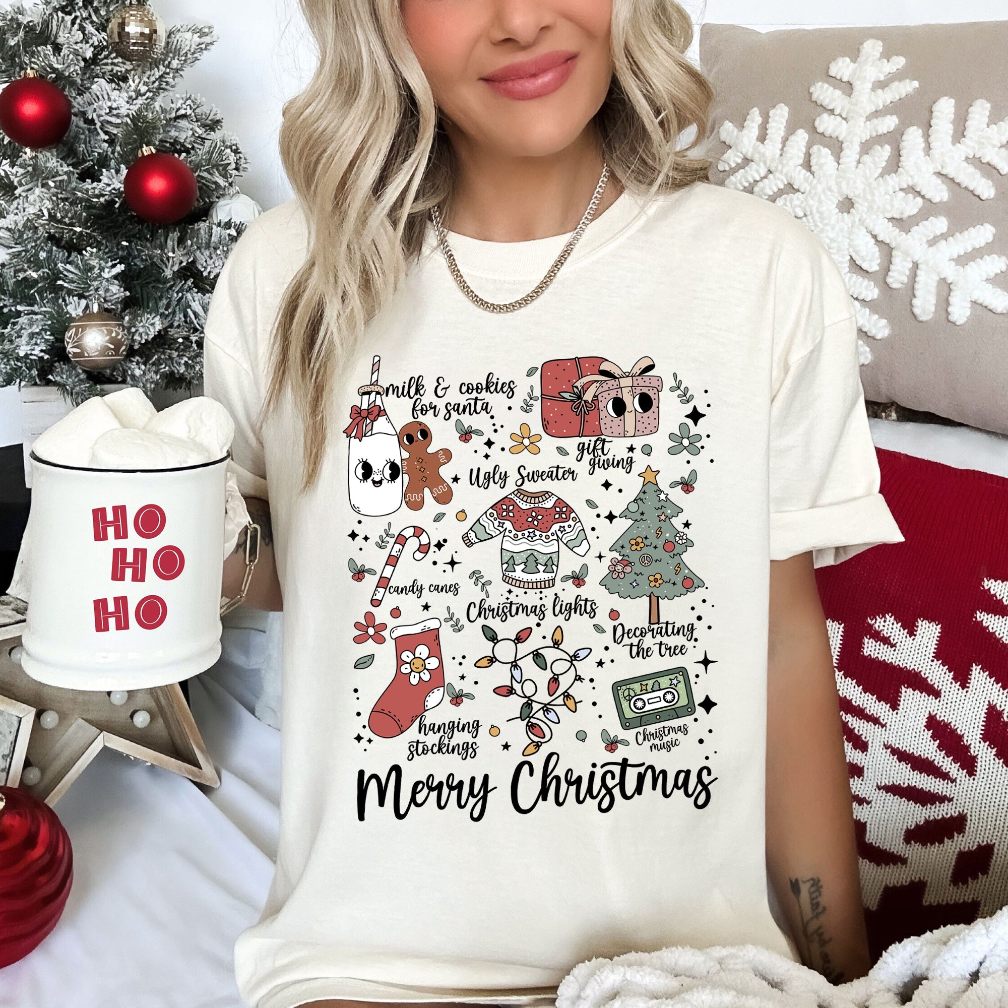 Merry Christmas Doodles Santa Stockings Tree Retro Holiday Edition Comfort Colors Tee