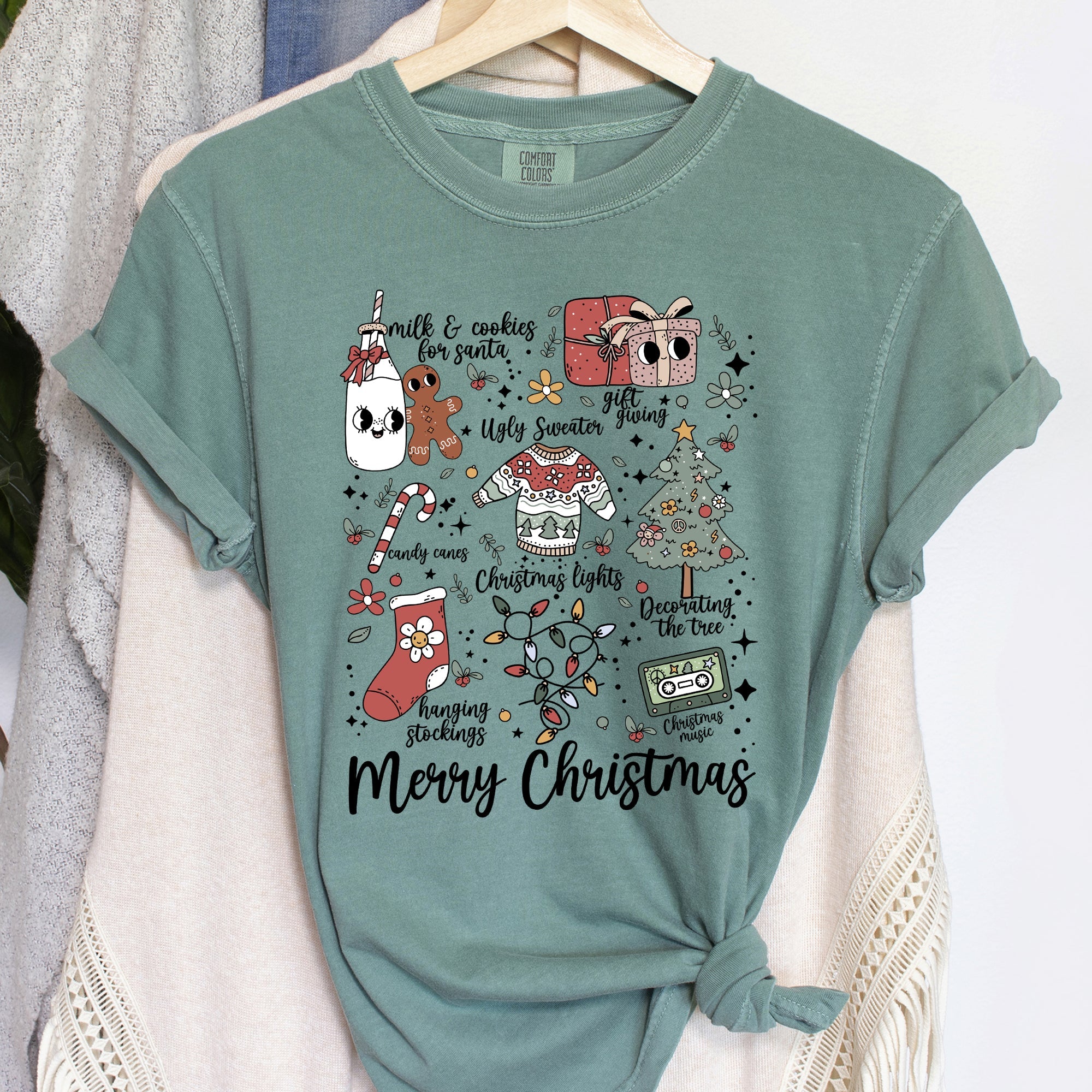 Merry Christmas Doodles Santa Stockings Tree Retro Holiday Edition Comfort Colors Tee