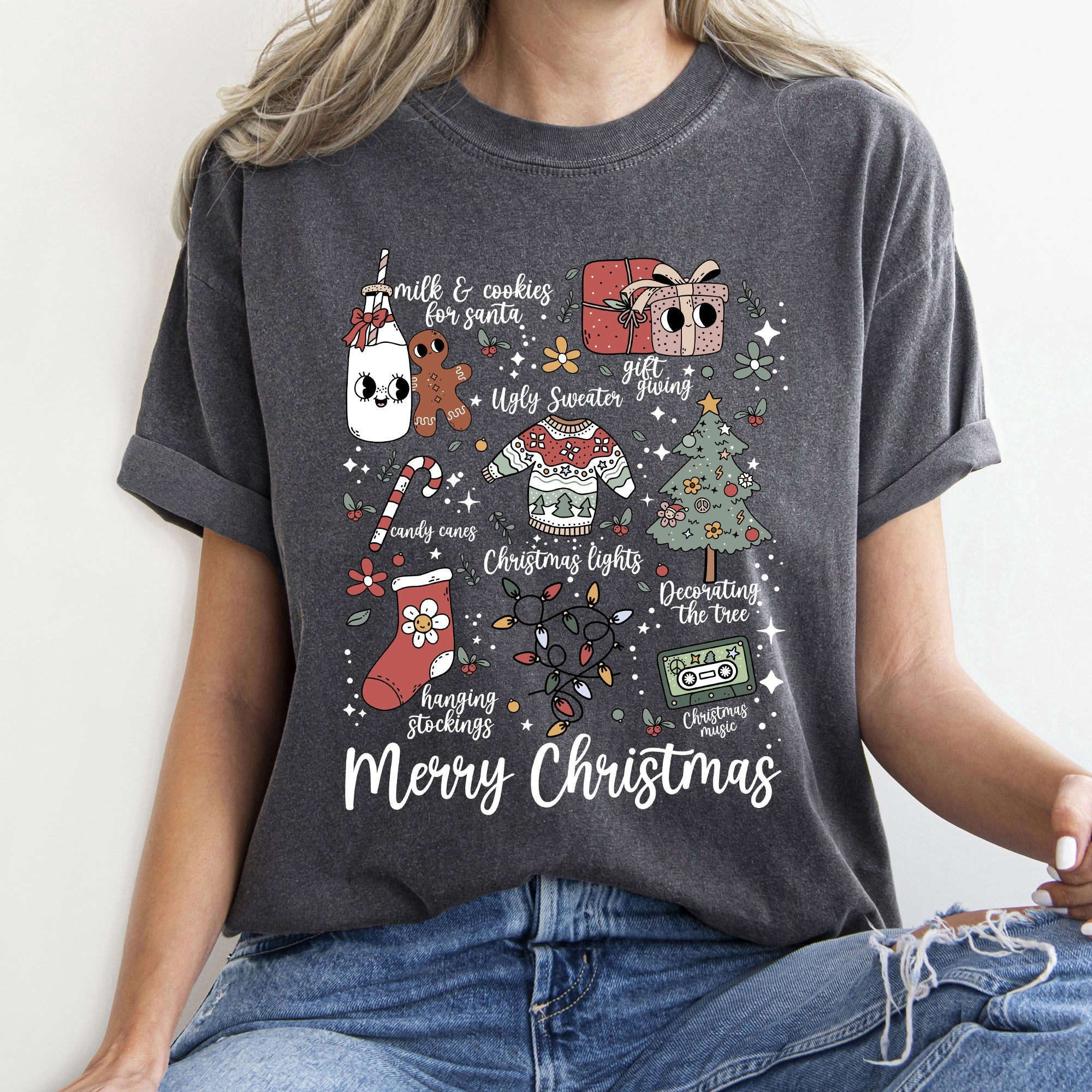 Merry Christmas Doodles Santa Stockings Tree Retro Holiday Edition Comfort Colors Tee