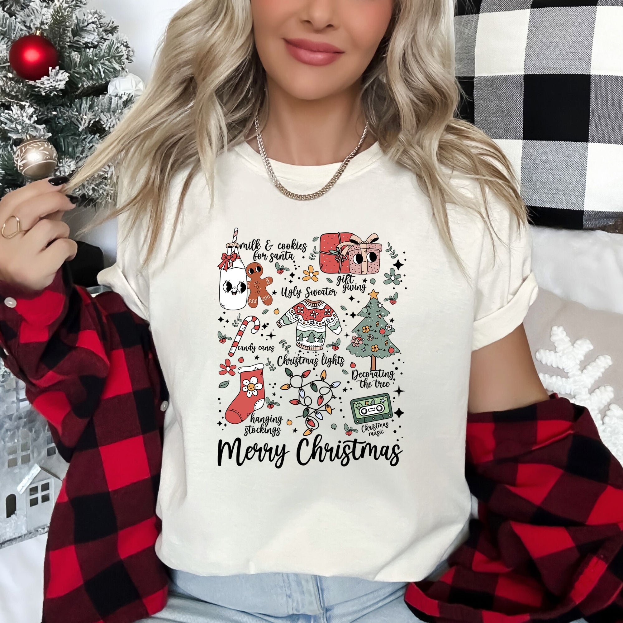Merry Christmas Doodles Santa Stockings Tree Retro Festive Holiday Artwork Graphic Tee
