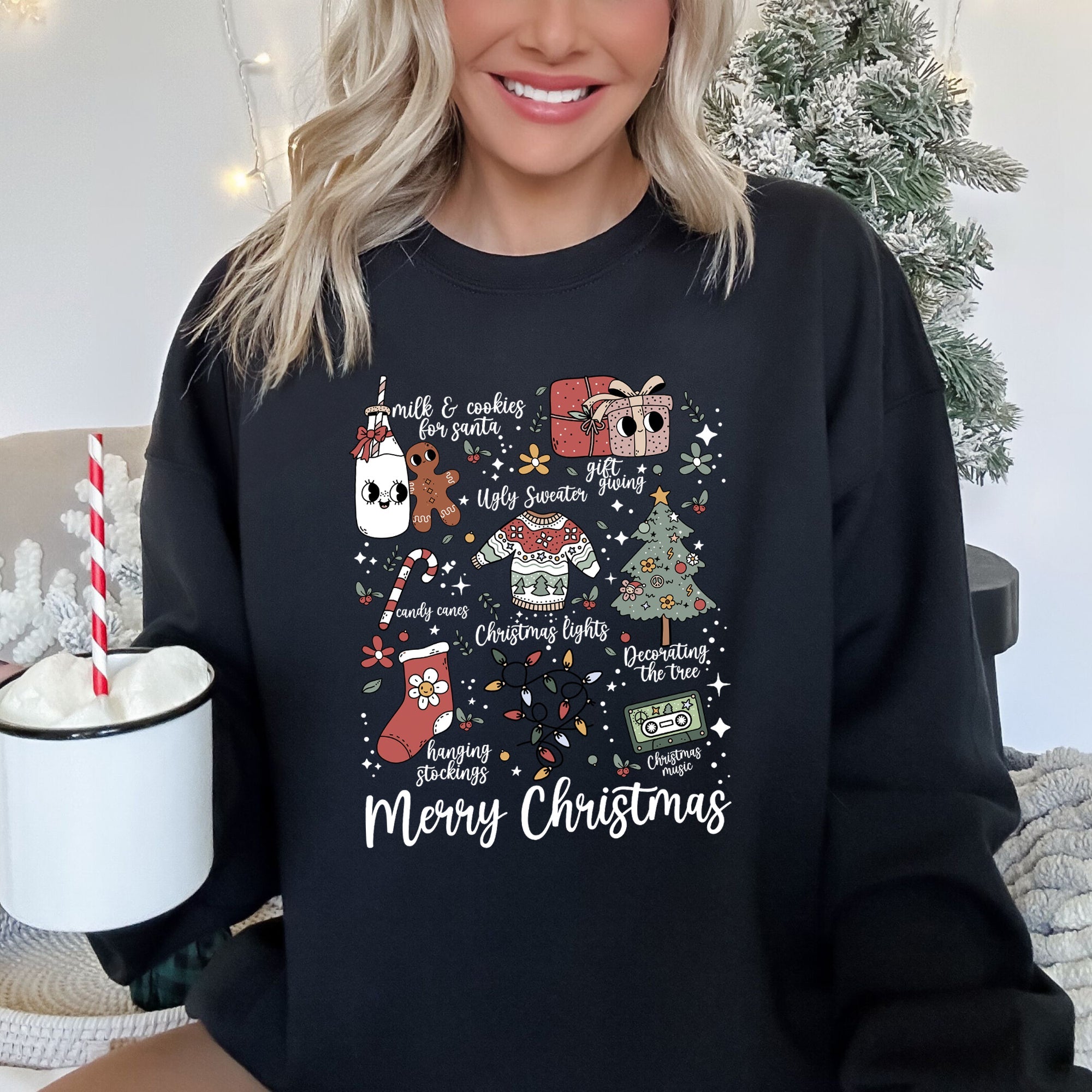 Merry Christmas Doodles Santa Stockings Tree Ornaments Snowflakes Vintage Retro Print Sweatshirt