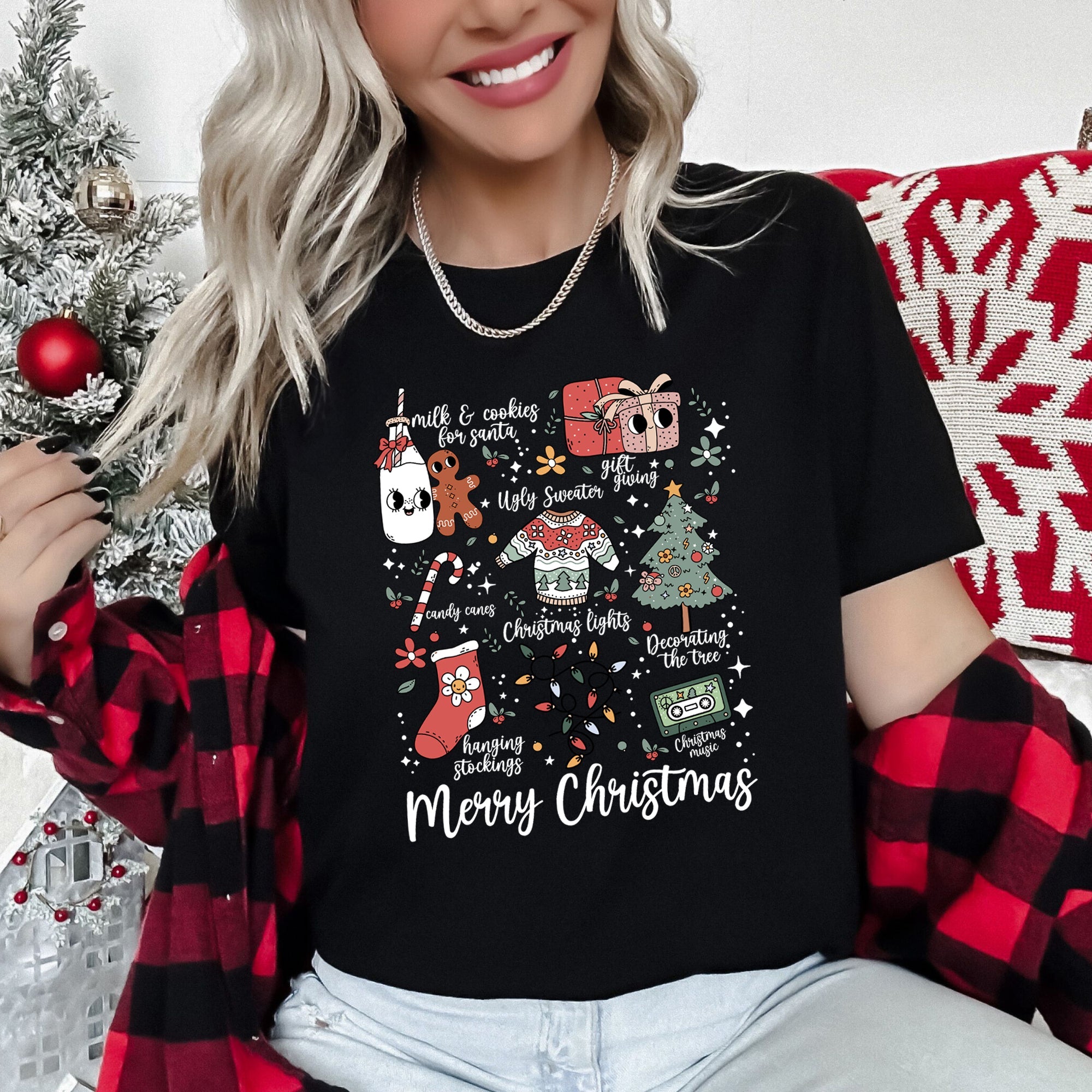 Merry Christmas Doodles Santa Stockings Tree Retro Cozy Vintage Holiday Illustration Graphic Tee
