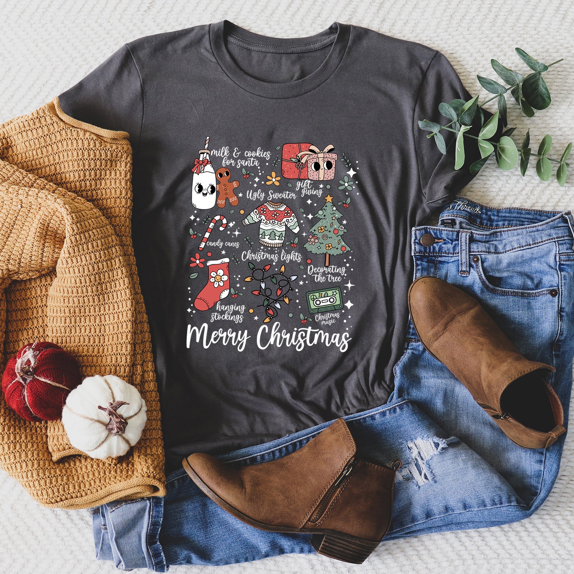 Merry Christmas Doodles Santa Stockings Tree Retro Cozy Vintage Holiday Illustration Graphic Tee
