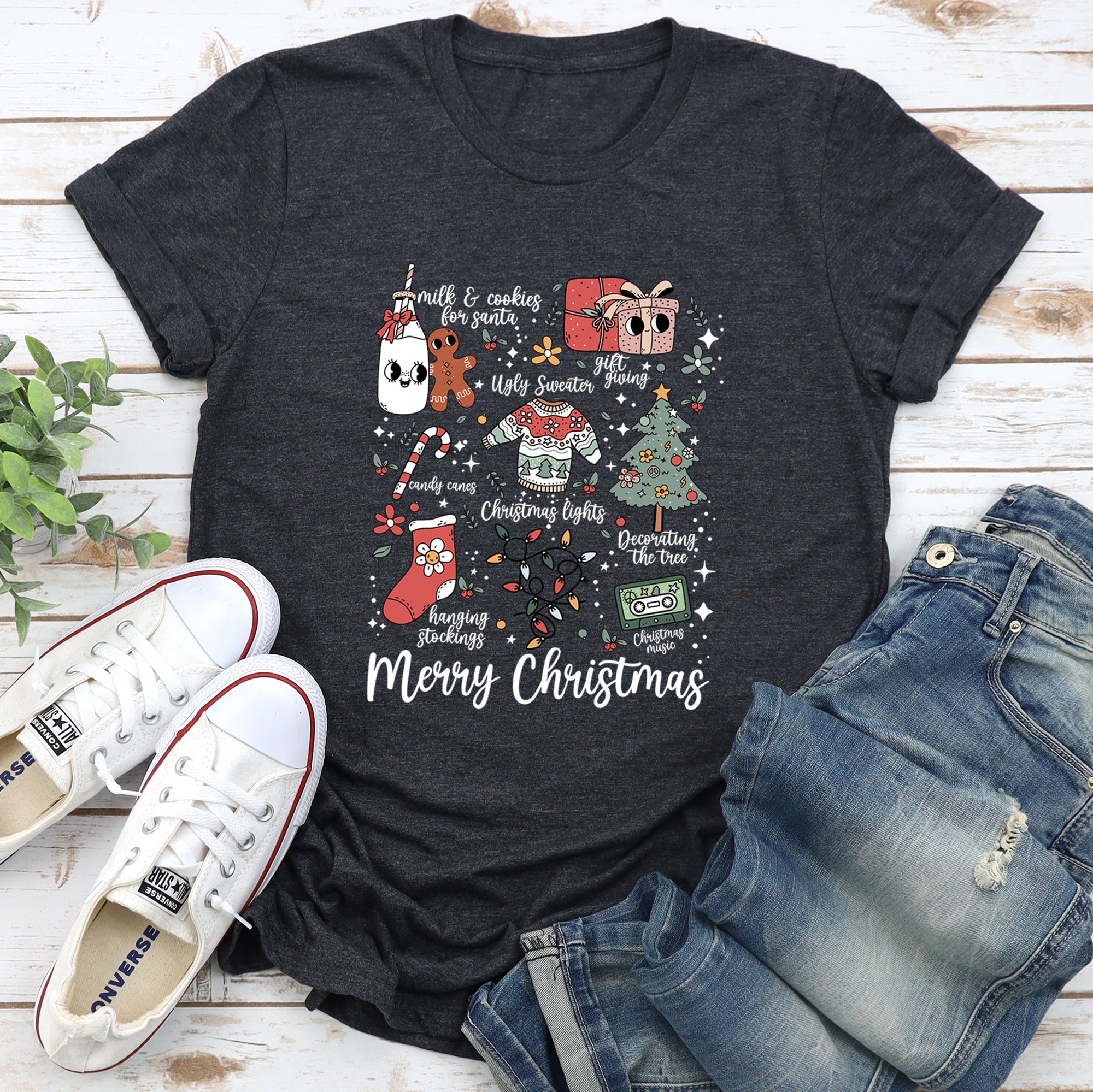 Merry Christmas Doodles Santa Stockings Tree Retro Cozy Vintage Holiday Illustration Graphic Tee