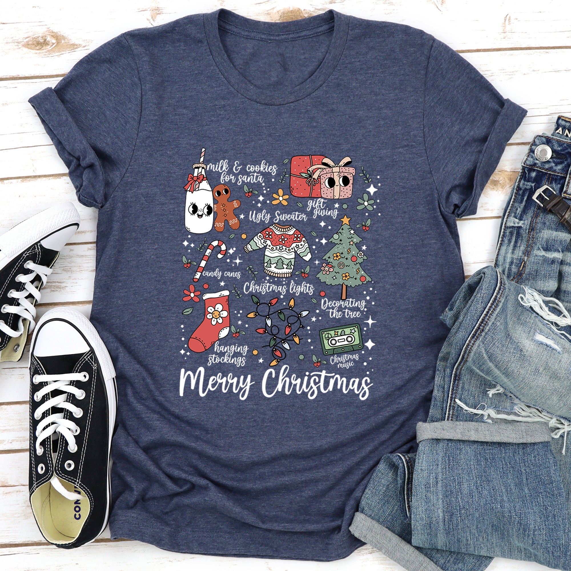Merry Christmas Doodles Santa Stockings Tree Retro Cozy Vintage Holiday Illustration Graphic Tee