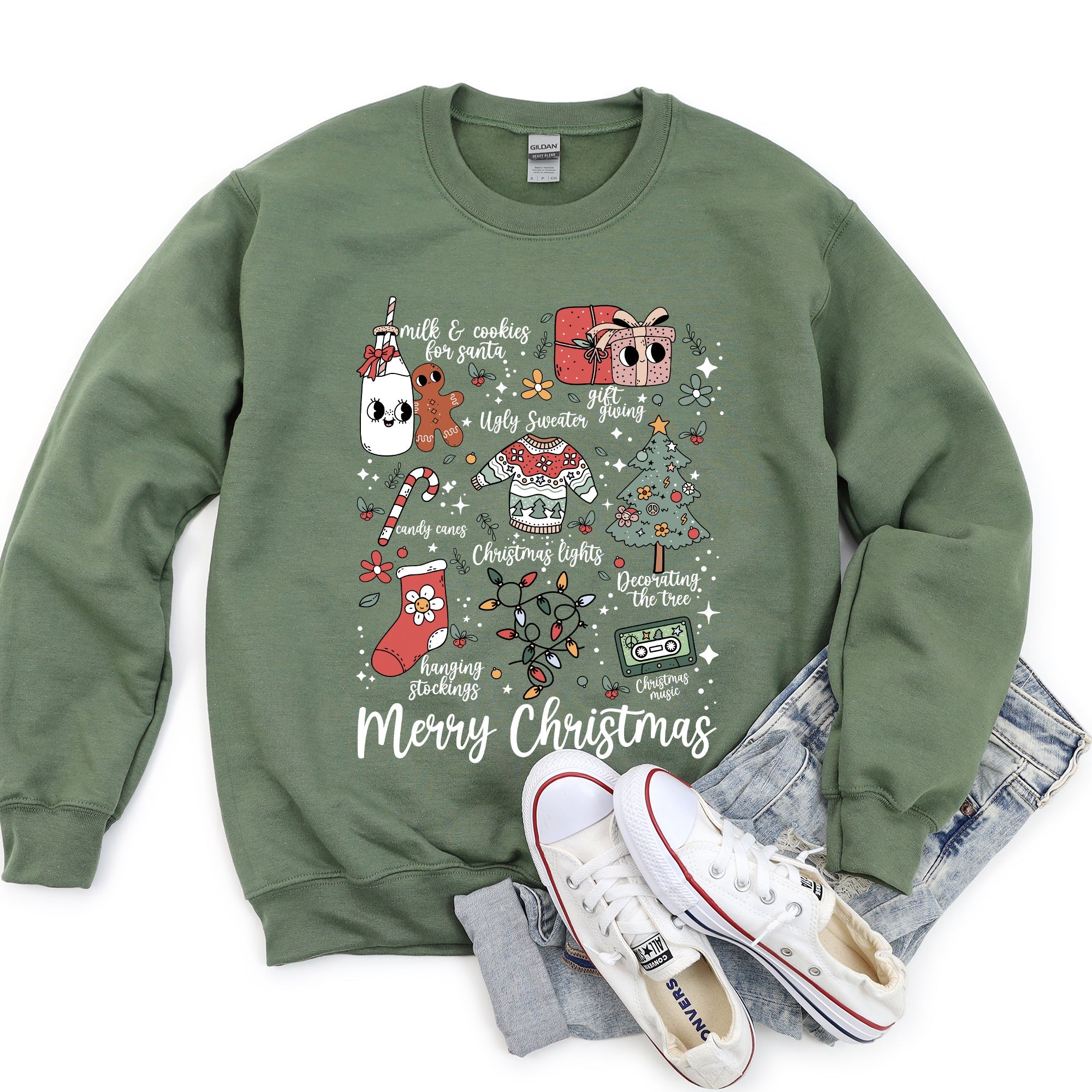 Merry Christmas Doodles Santa Stockings Tree Ornaments Snowflakes Vintage Retro Print Sweatshirt