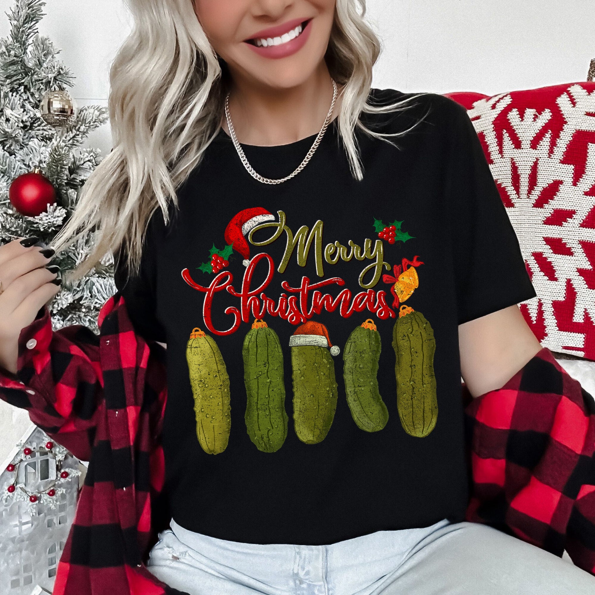 Merry Christmas Pickles Classic Retro Vintage Festive Holiday Style Cozy Graphic Tee