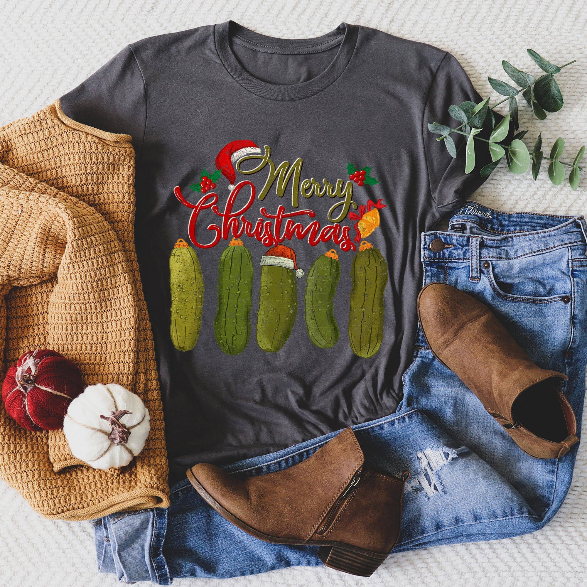 Merry Christmas Pickles Classic Retro Vintage Festive Holiday Style Cozy Graphic Tee