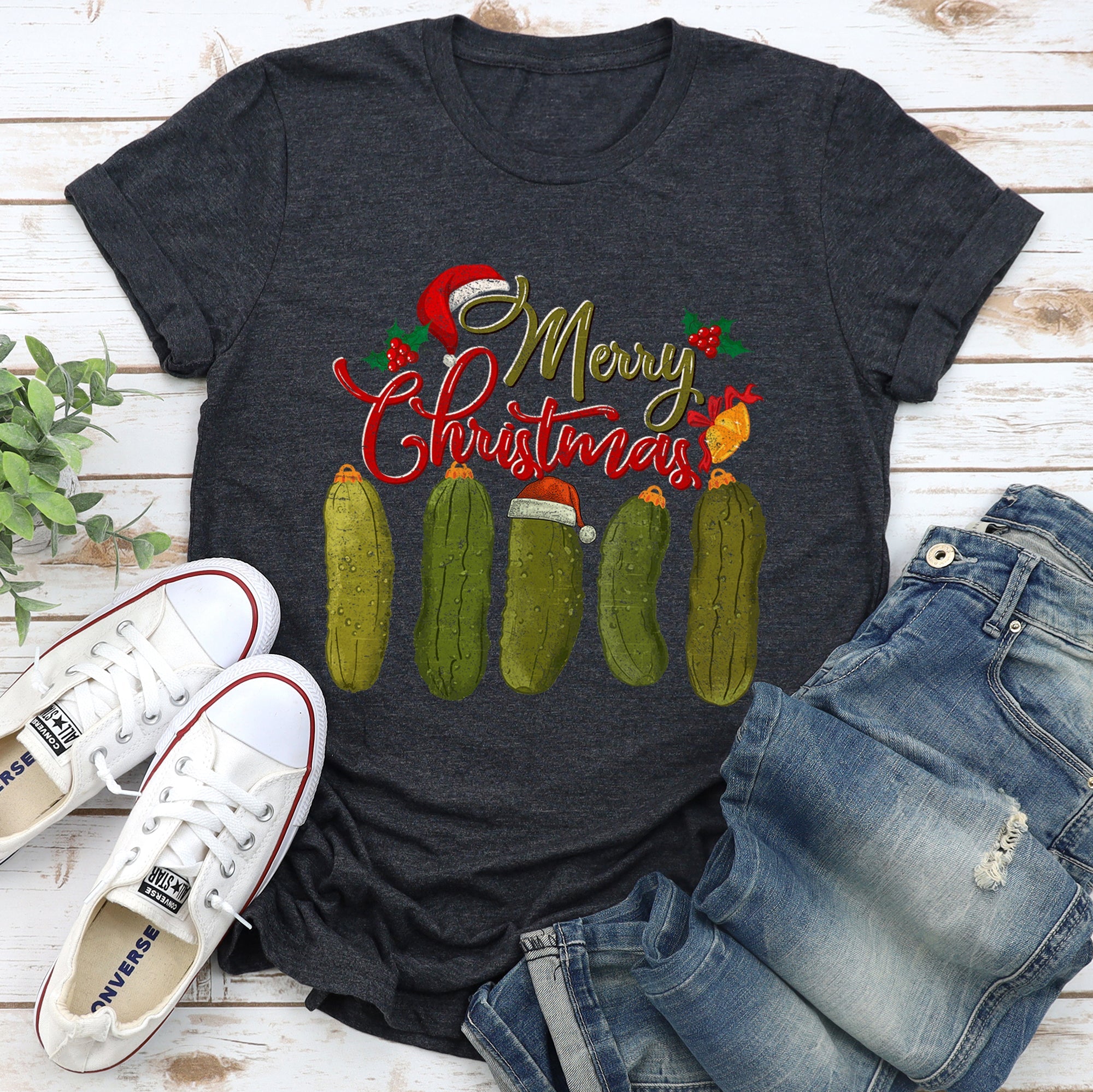 Merry Christmas Pickles Classic Retro Vintage Festive Holiday Style Cozy Graphic Tee