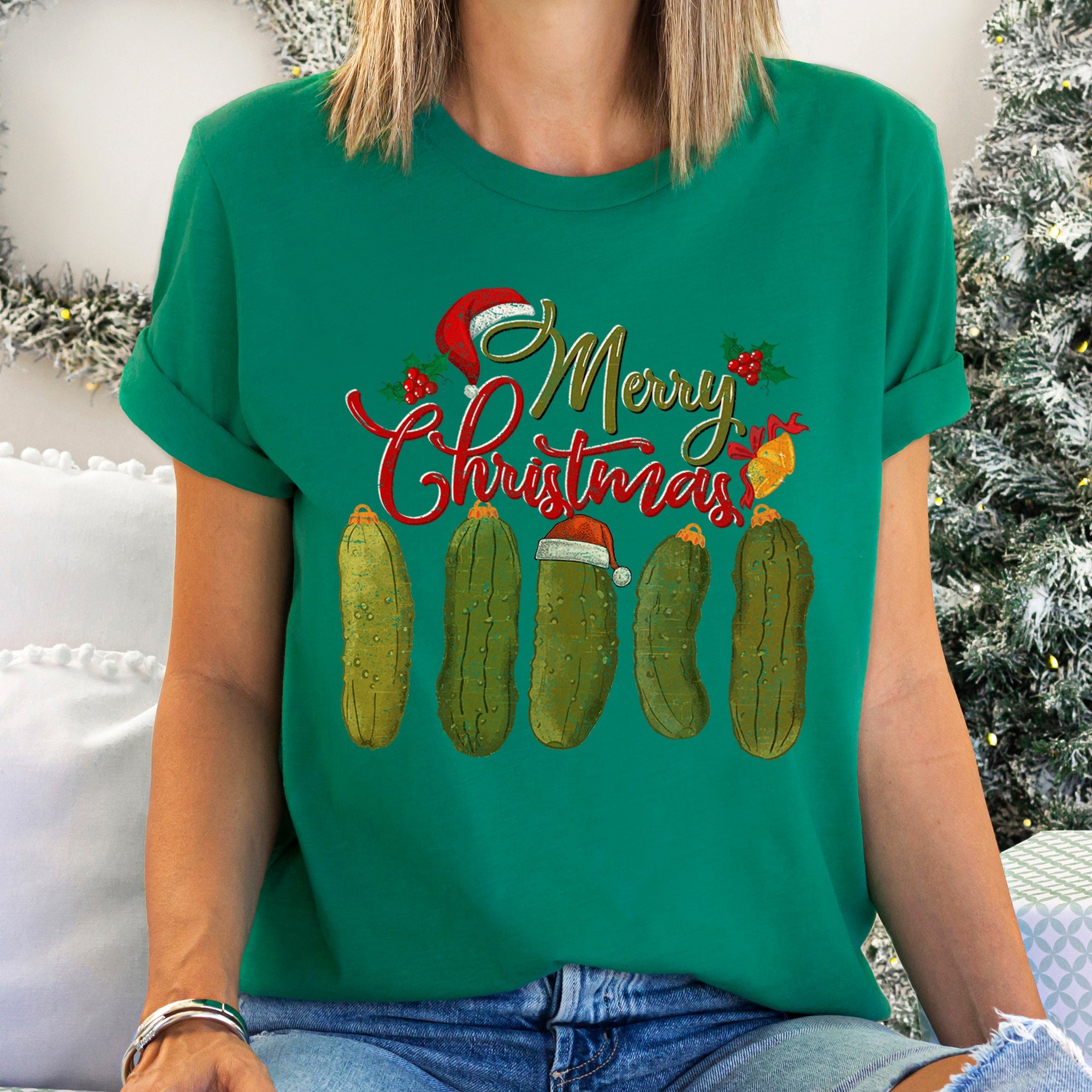 Merry Christmas Pickles Classic Retro Vintage Festive Holiday Style Cozy Graphic Tee