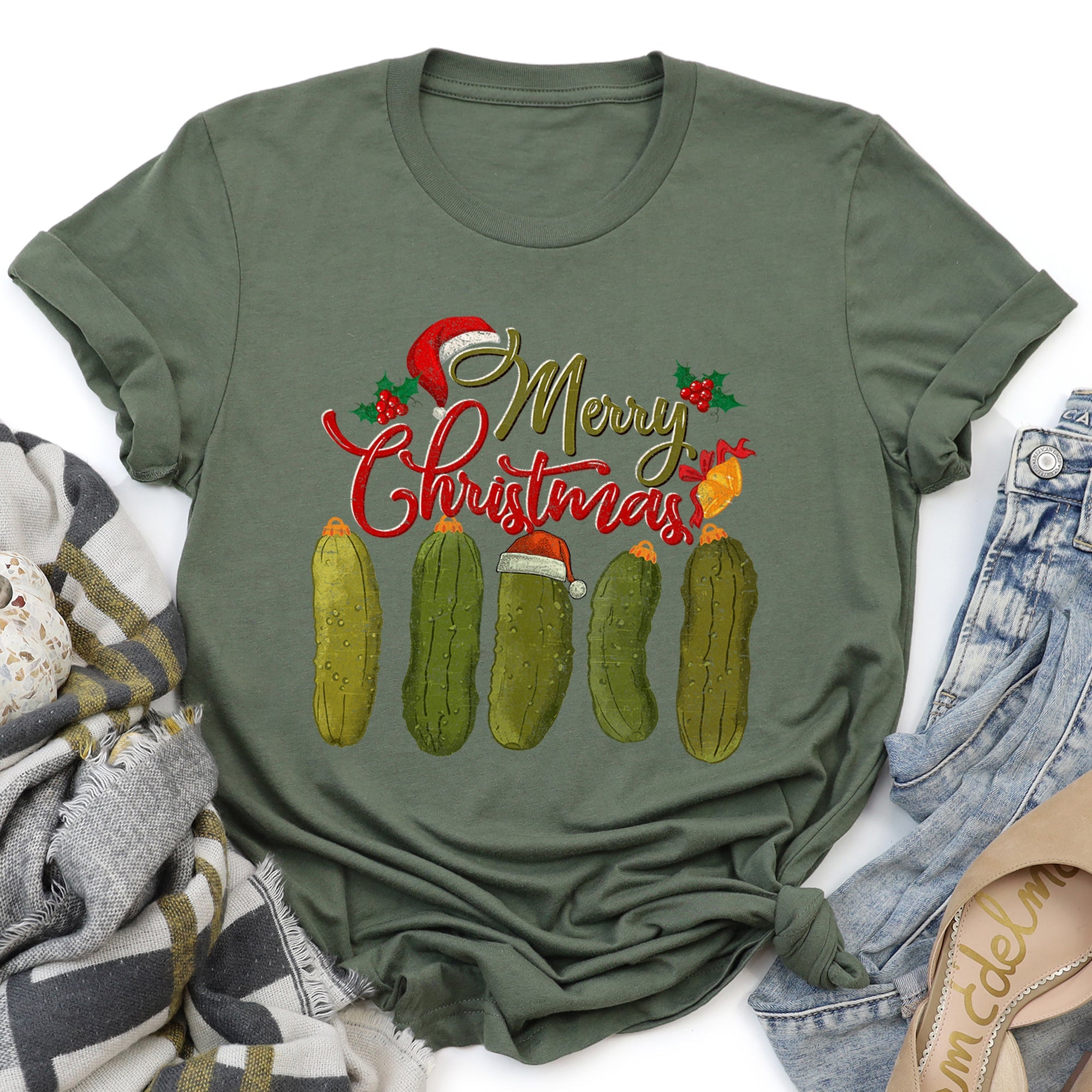 Merry Christmas Pickles Classic Retro Vintage Festive Holiday Style Cozy Graphic Tee